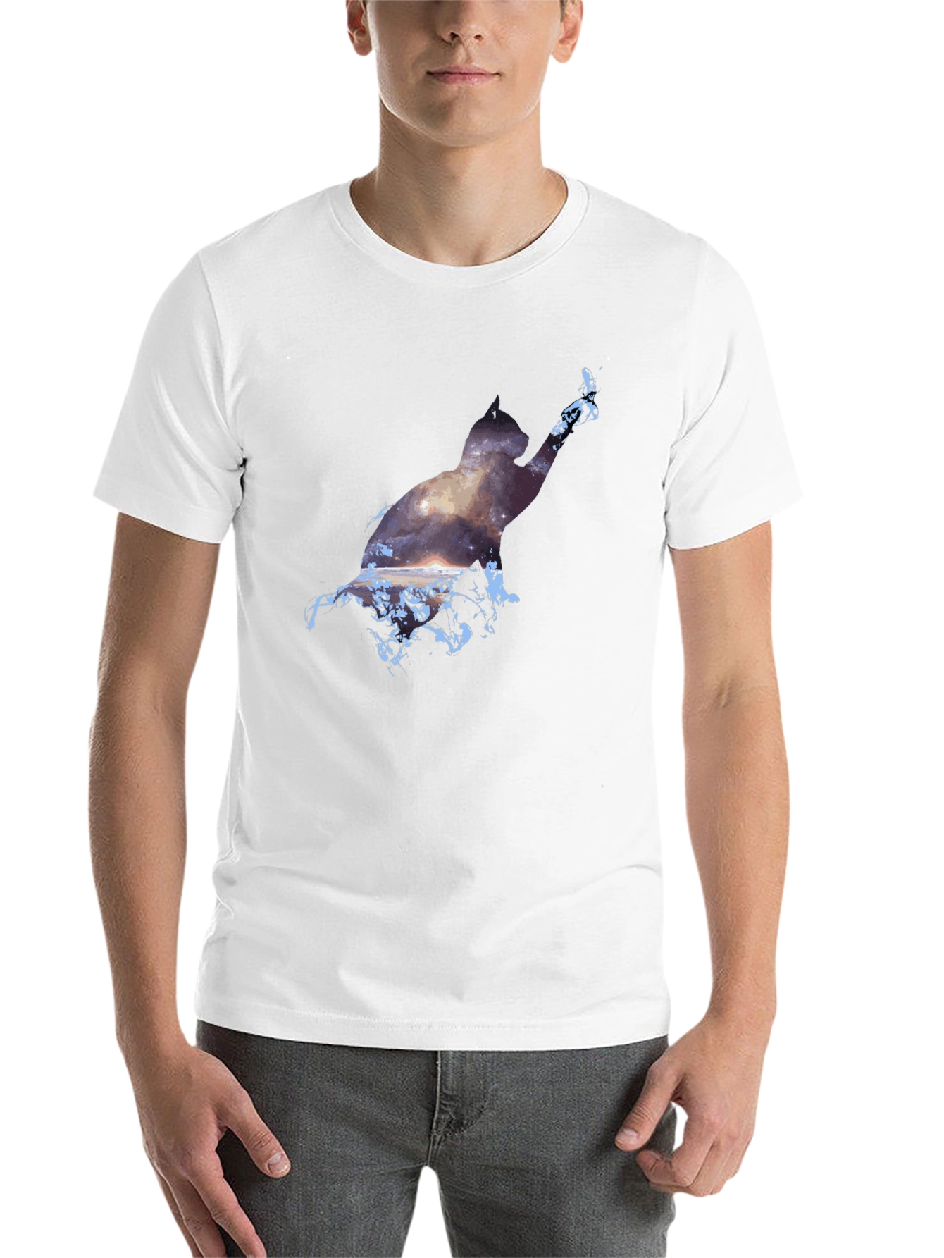Black Cosmic Cat Black T-Shirt - Galaxy Silhouette view 14