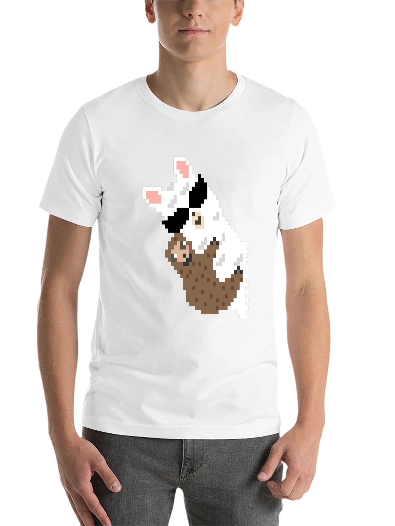 Black Pixel Art Sloth & Dog Graphic T-Shirt view 14
