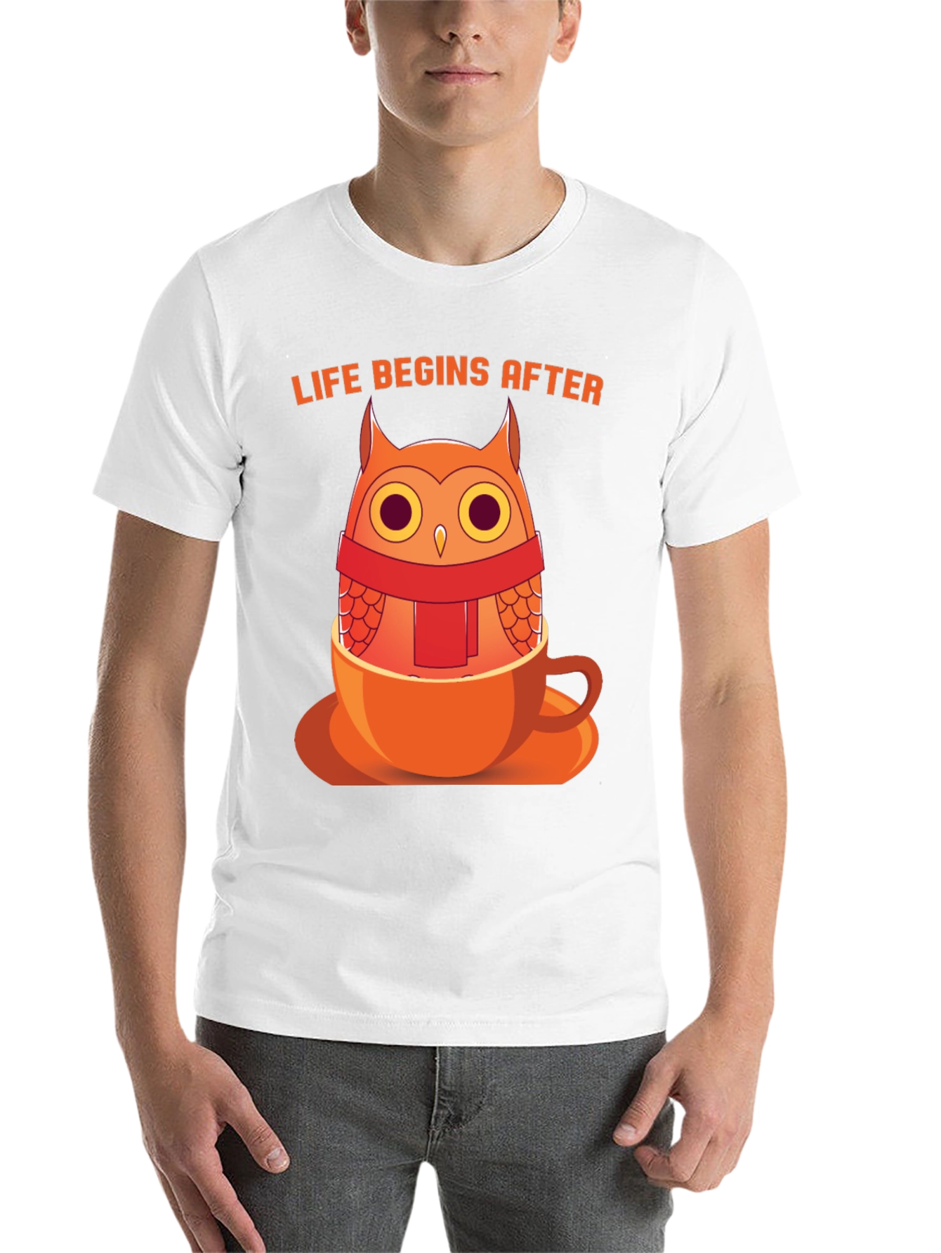 Black Owl in a Cup T-Shirt - "Life Begins After" Design view 14