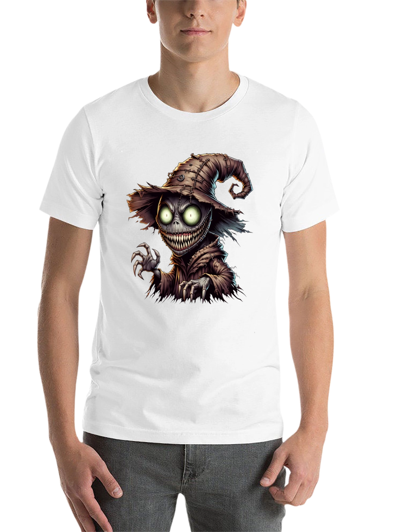 Black Creepy Scarecrow Graphic Tee - Halloween Horror Shirt view 14