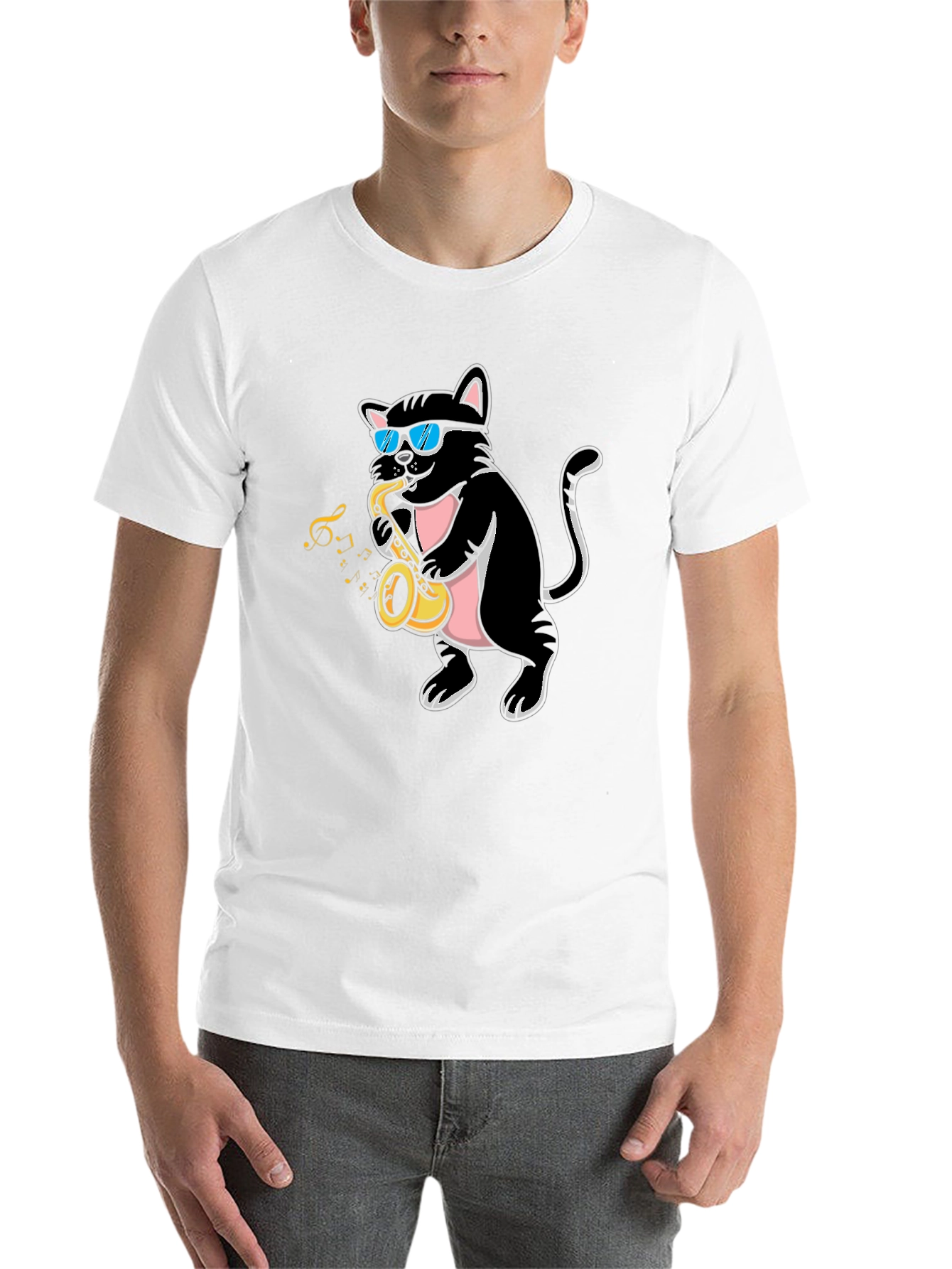 Black Cool Cat Saxophone Player Graphic T-Shirt view 14