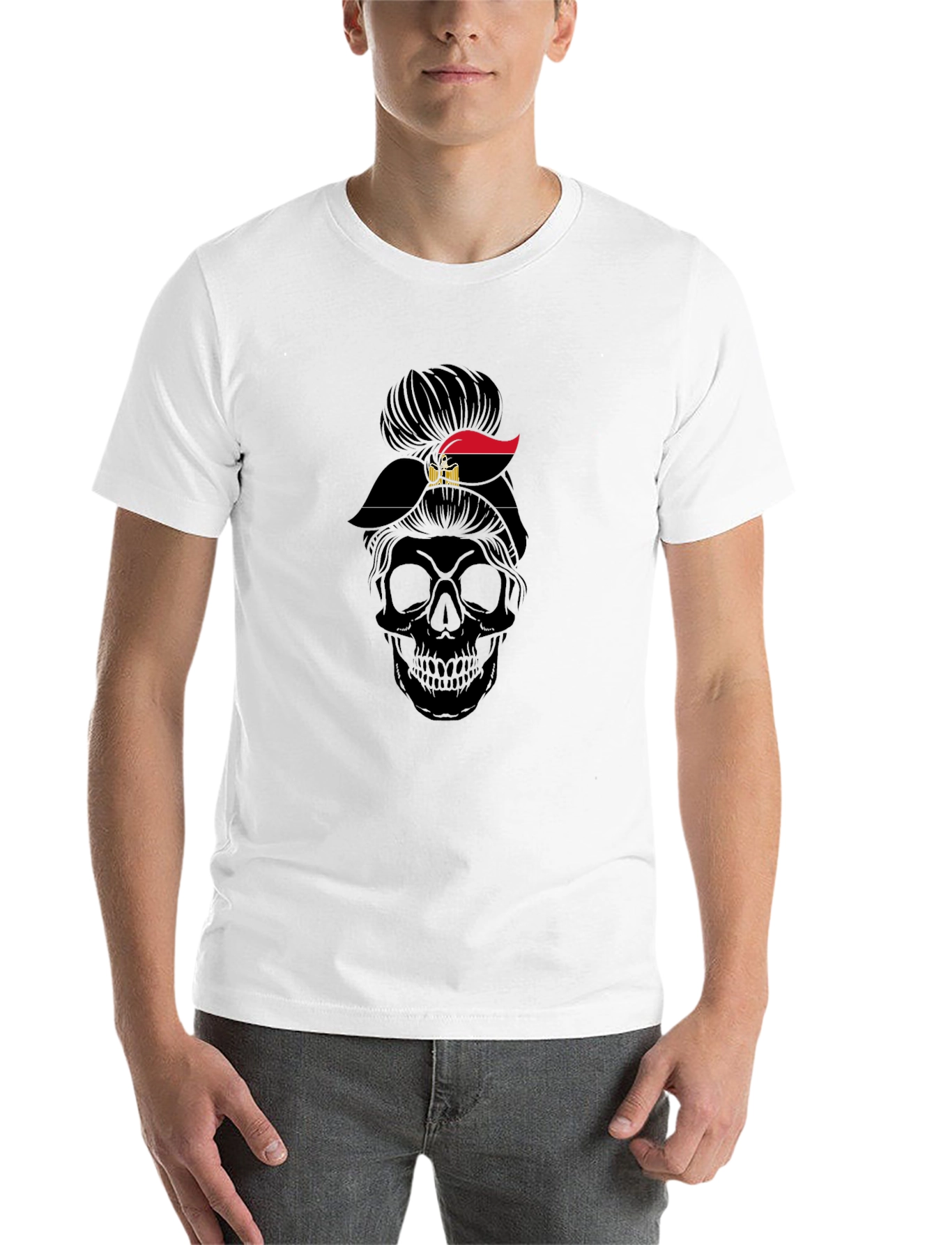 Black Skull Messy Bun Egypt Flag T-Shirt view 14