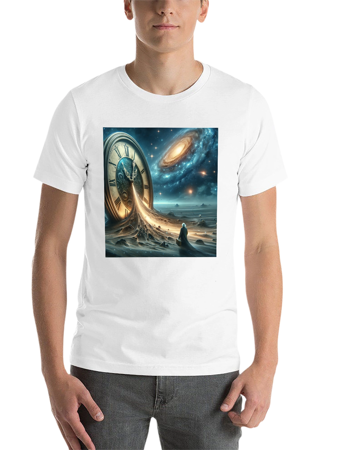Black Time and Space Tee: Surreal Galaxy Clock Design view 14