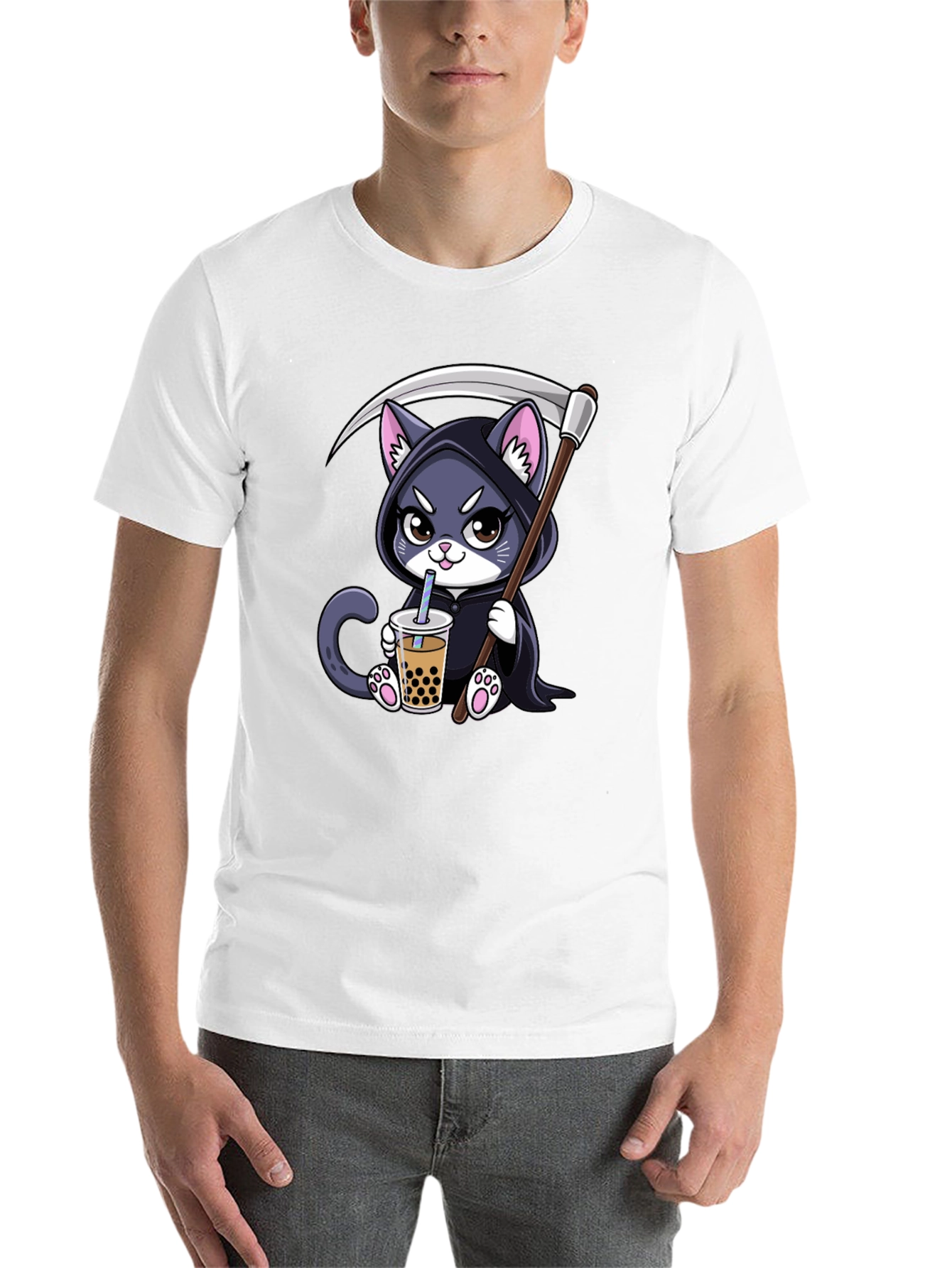 Black Grim Reaper Kitty Boba Tea T-Shirt view 14