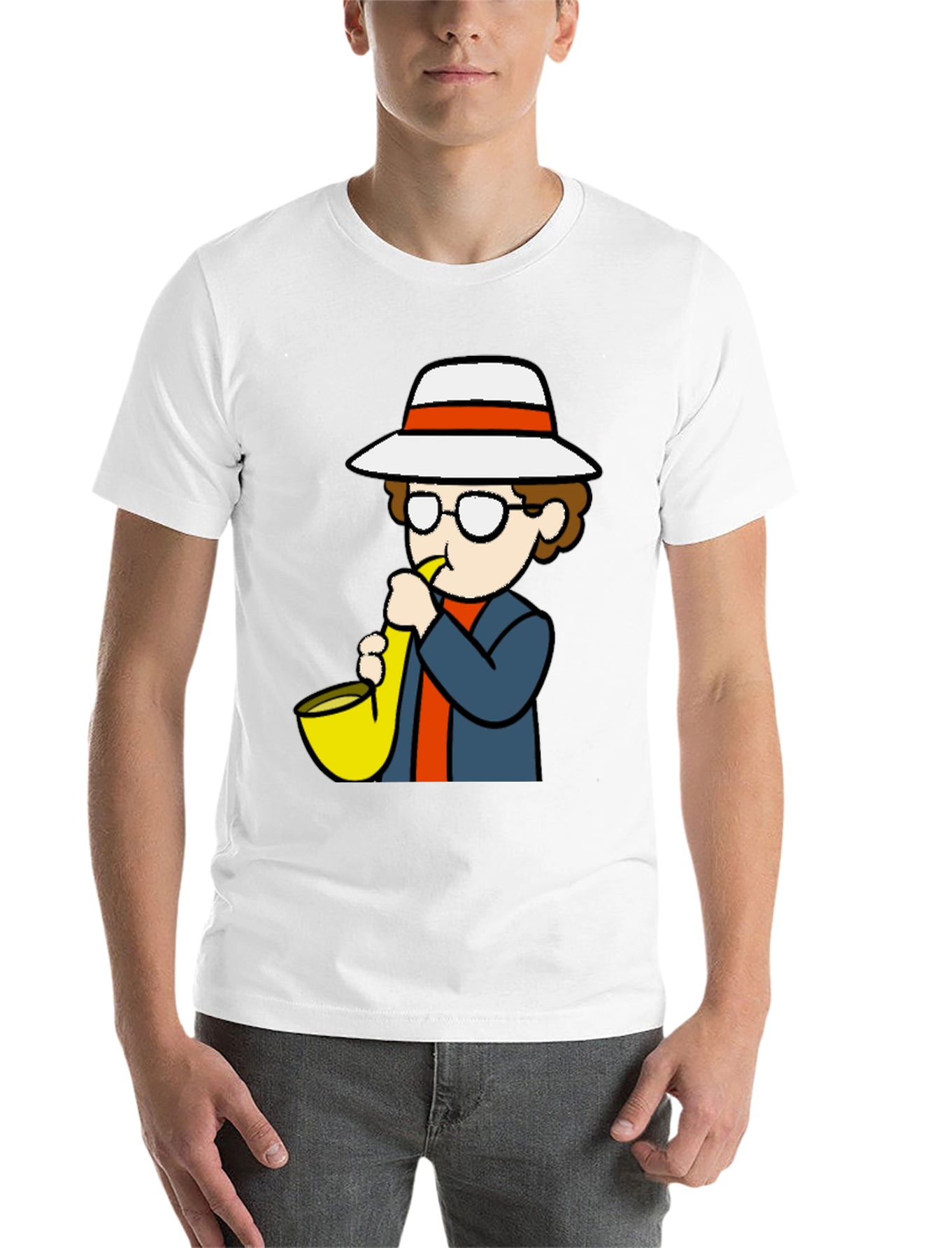 Black Cartoon Sax Player T-Shirt - Cool Graphic Tee view 14