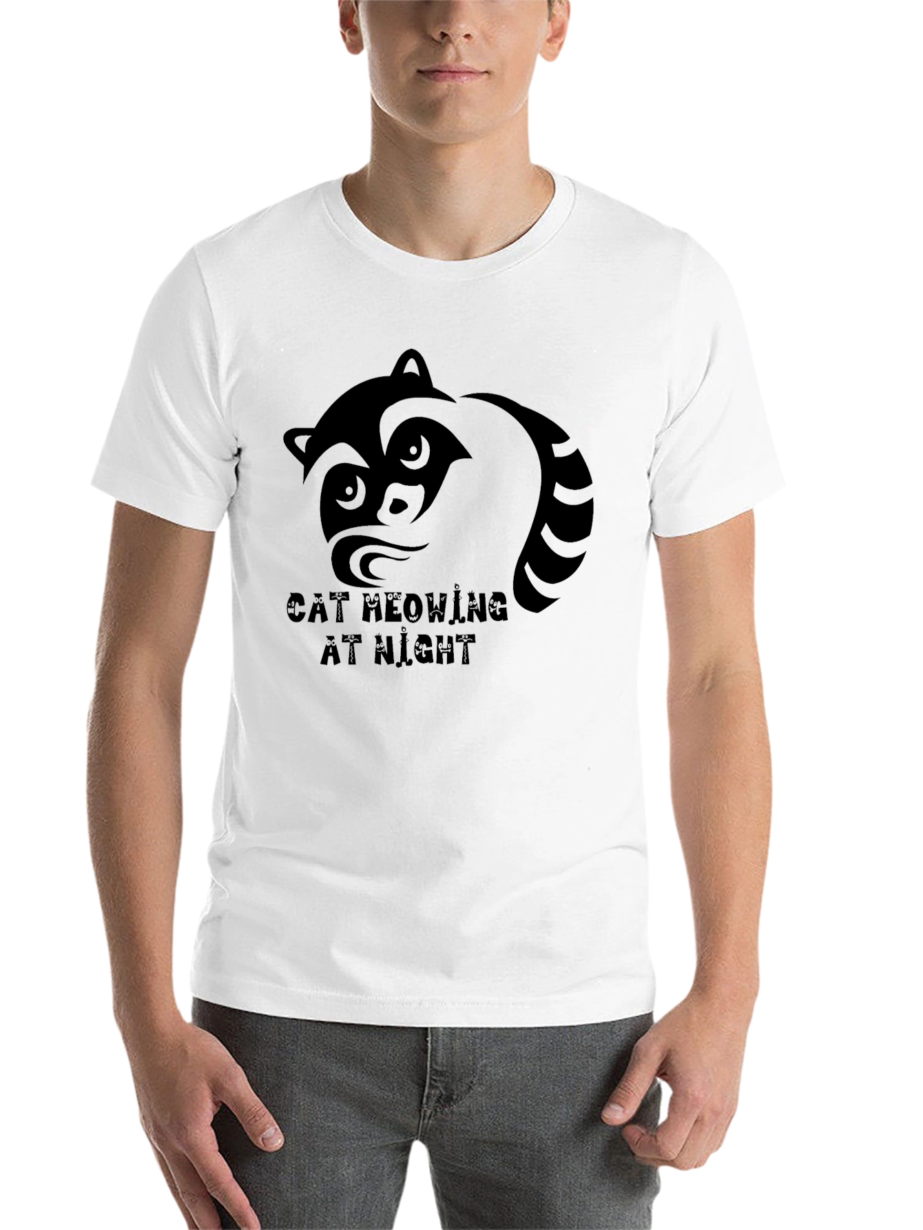 Black Raccoon Graphic T-Shirt - Cat Meowing At Night Tee view 14