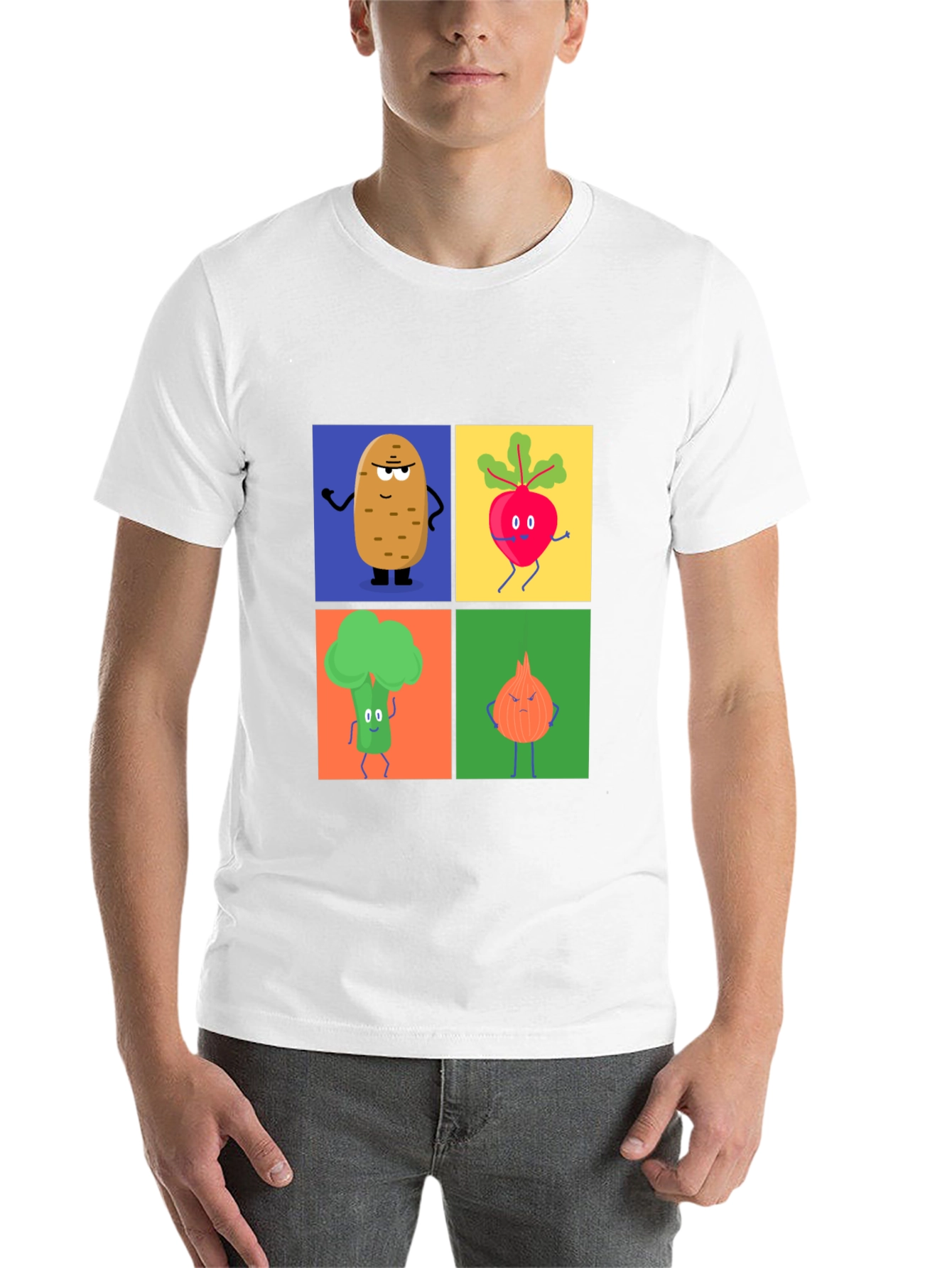 Black Veggie Cartoon T-Shirt: Potato, Beet, Broccoli, Onion view 14