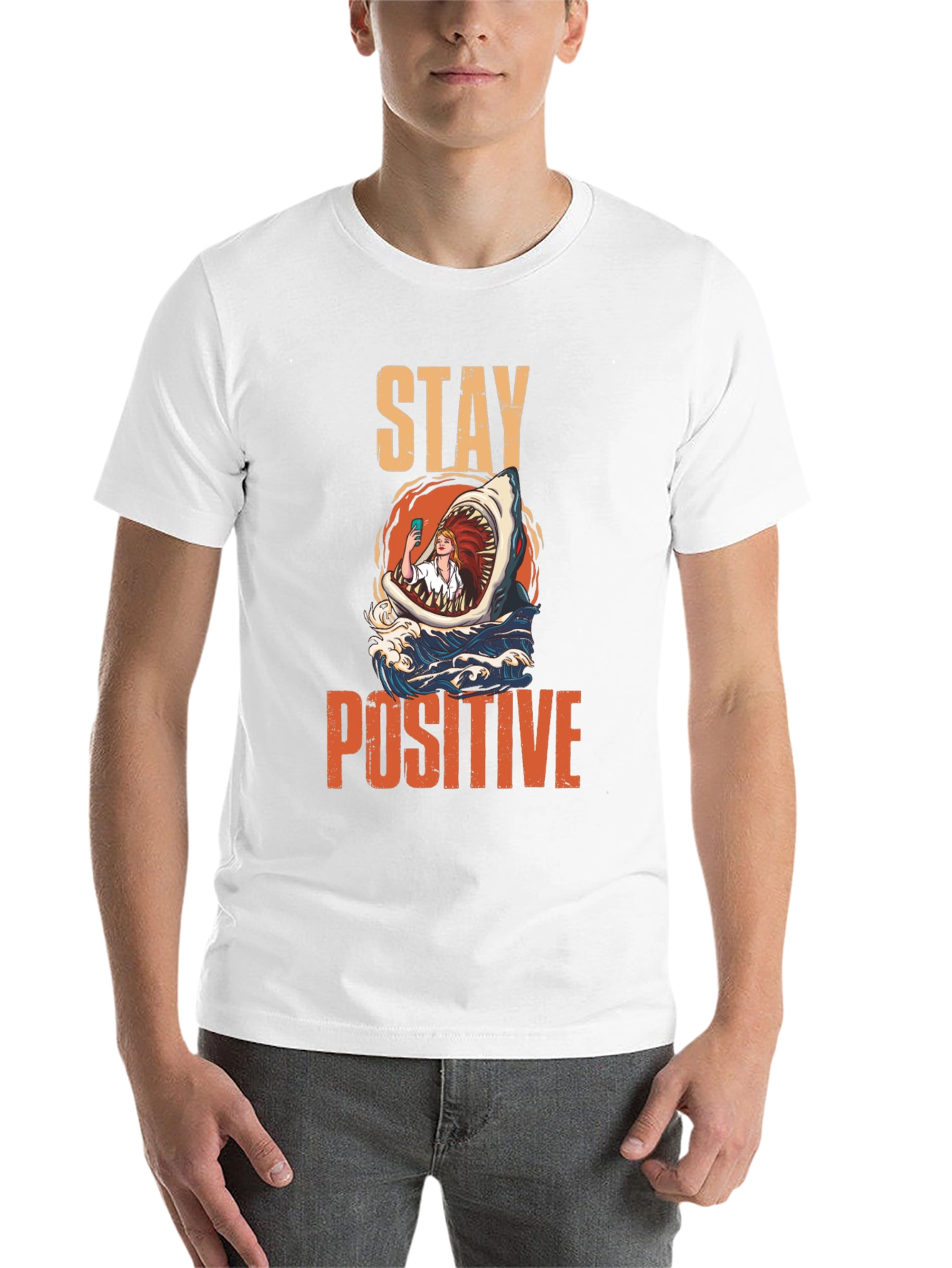Black Stay Positive Shark Selfie Graphic Tee view 14