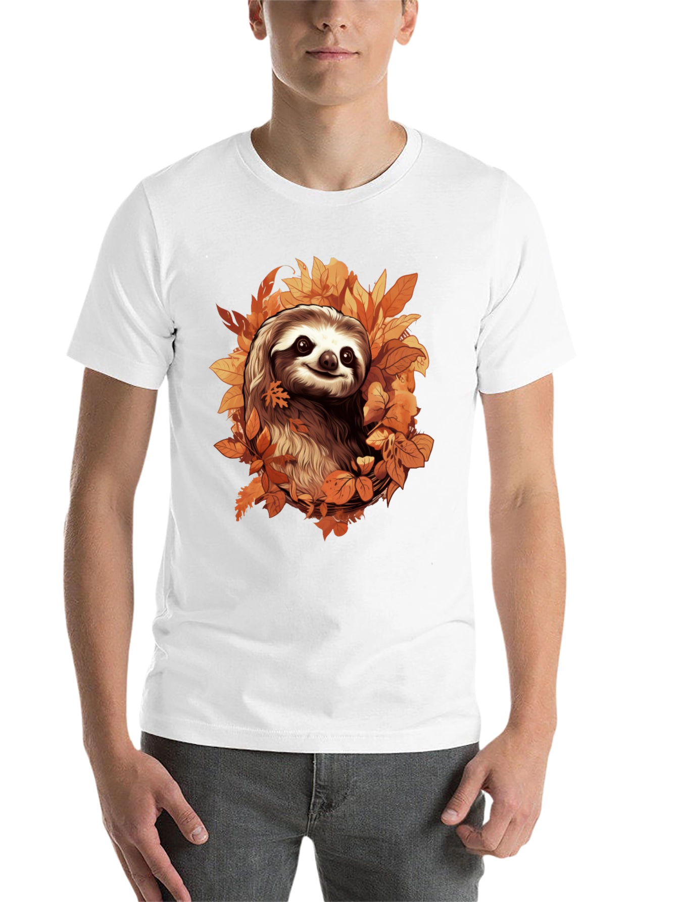 Black Sloth in Autumn Leaves Graphic T-Shirt view 14