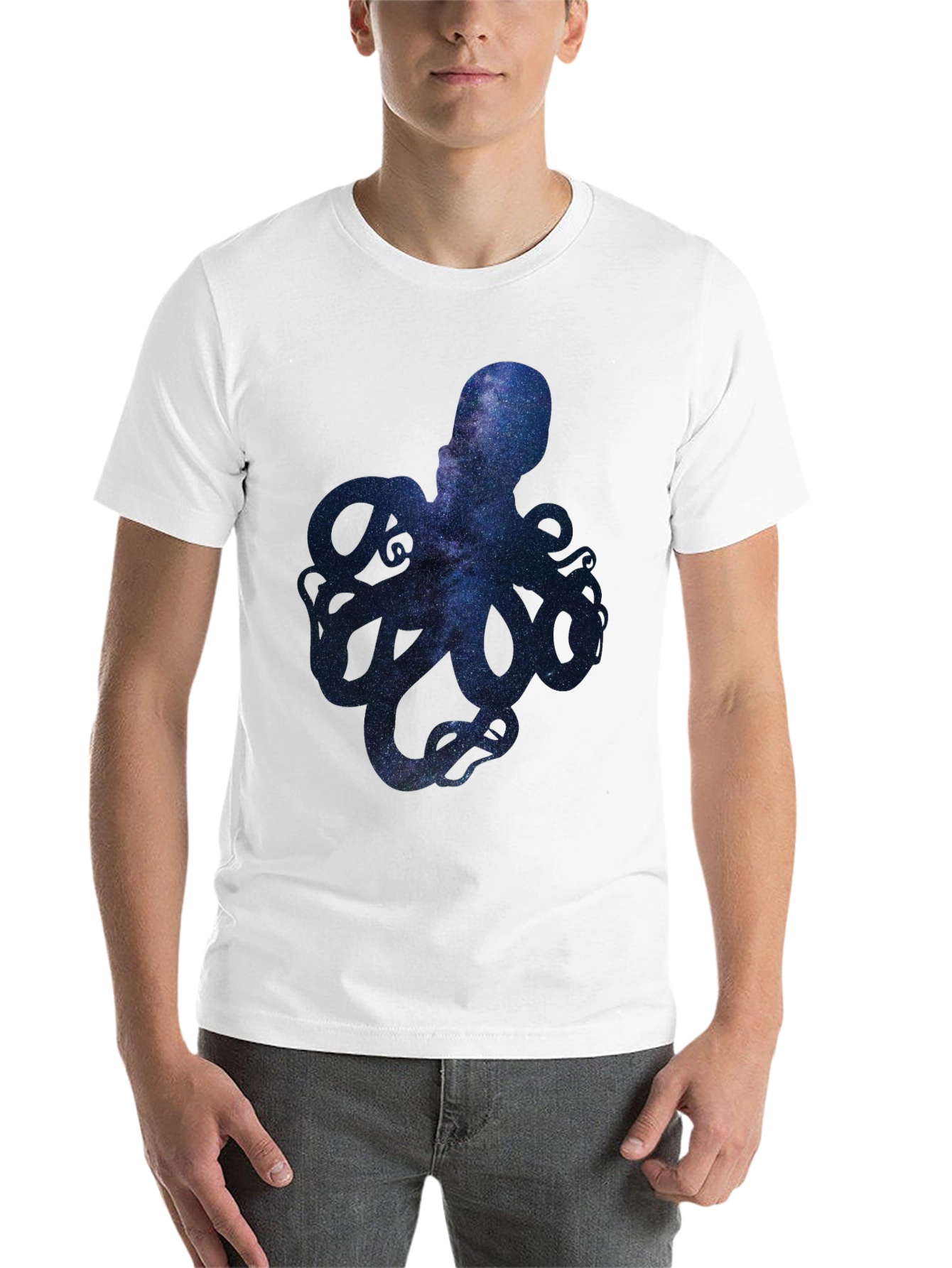 Black Galaxy Octopus Graphic Print Men's T-Shirt view 14