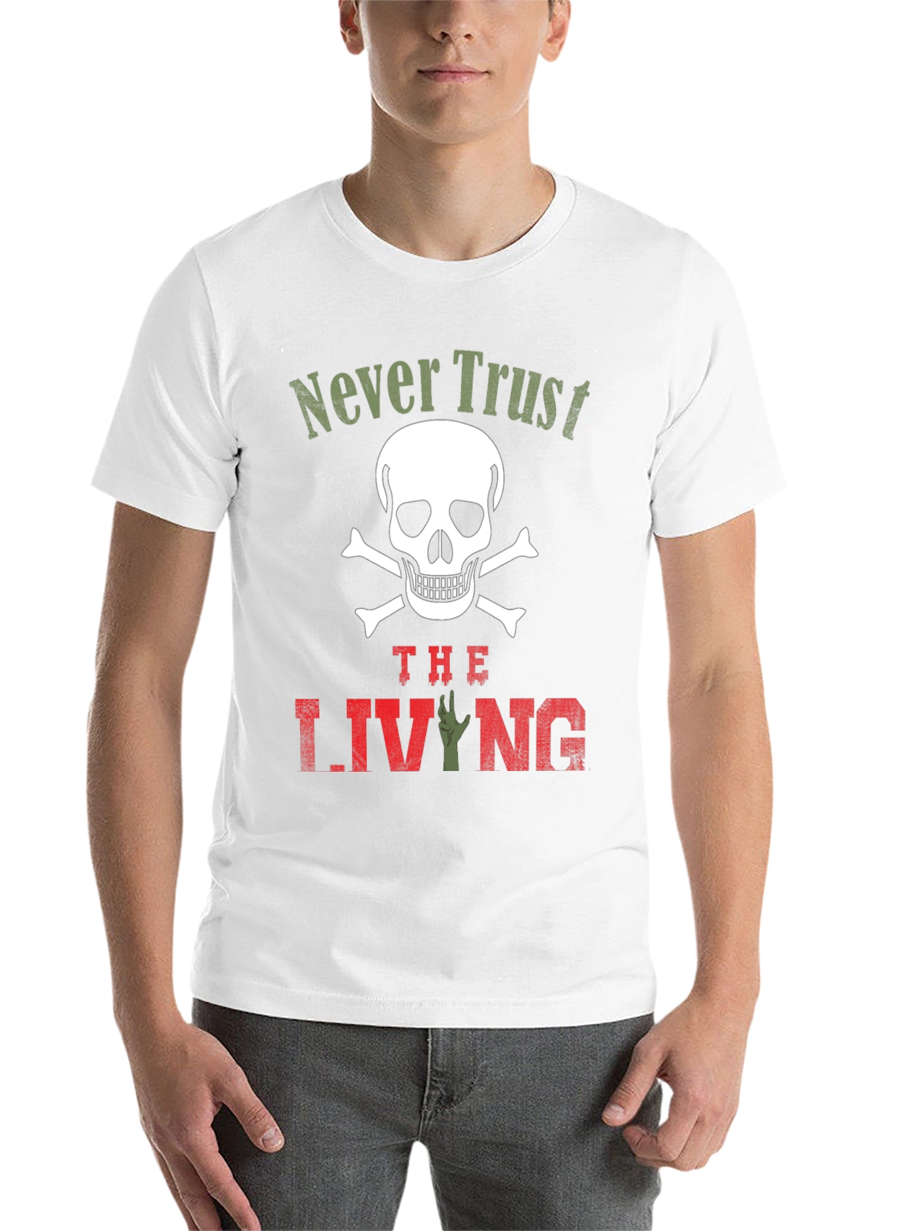 Black Never Trust the Living T-Shirt - Skull & Zombie Hand Design view 14