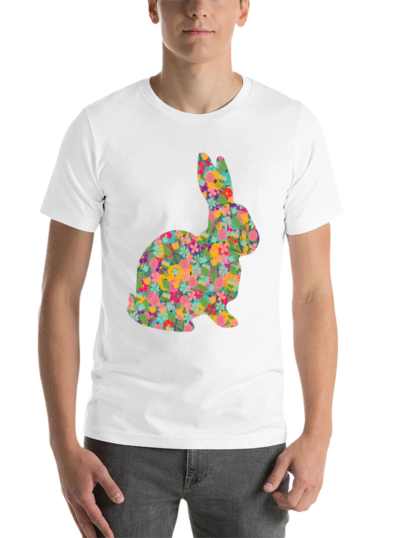 Black Floral Bunny Graphic Tee - Black Cotton Casual Shirt view 14