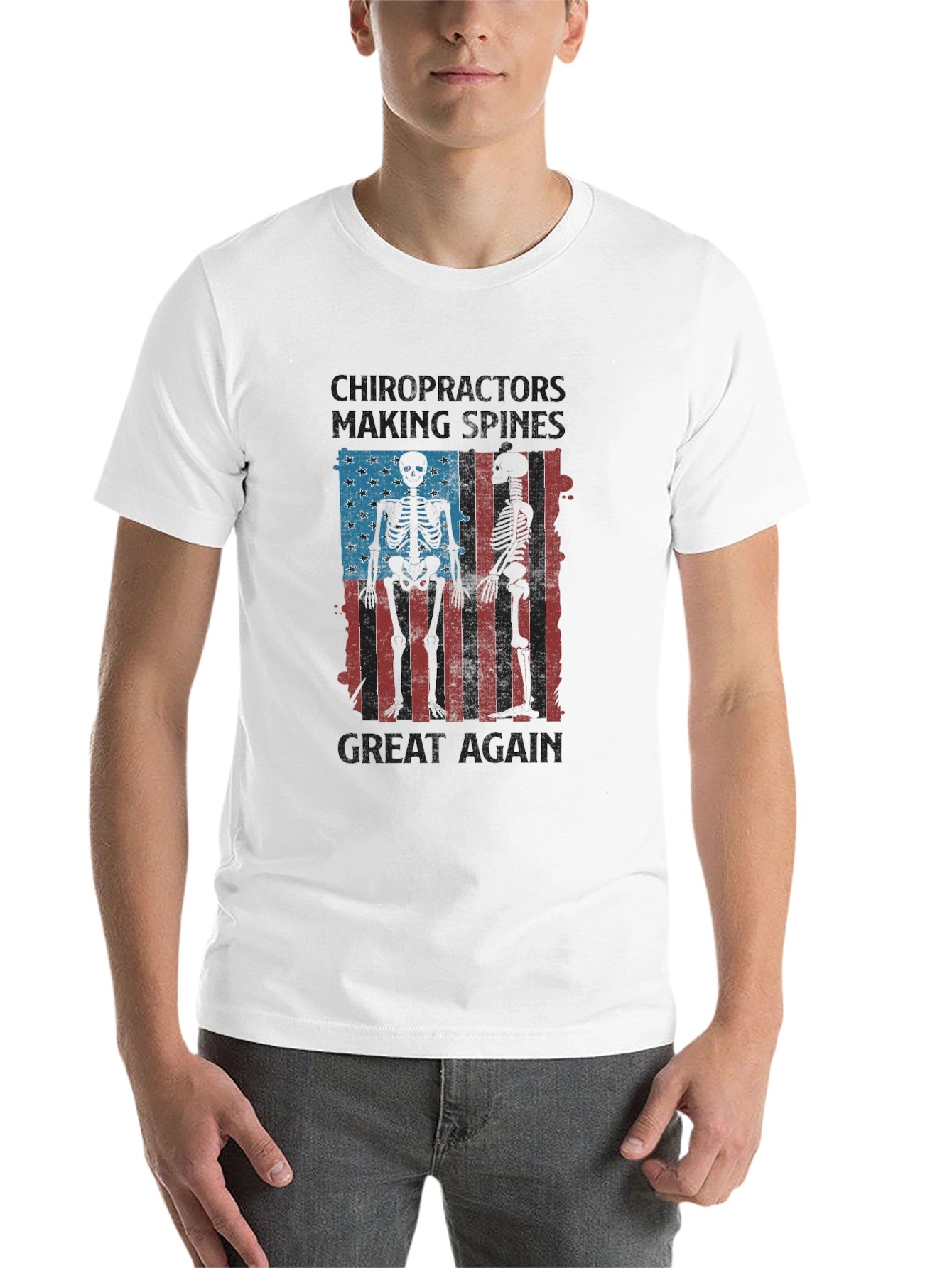 Black Chiropractor Skeleton American Flag T-Shirt view 14