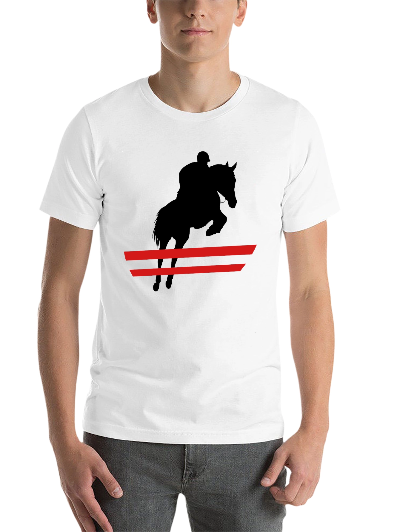 Black Equestrian Black T-Shirt: Horse & Rider Jumping view 14