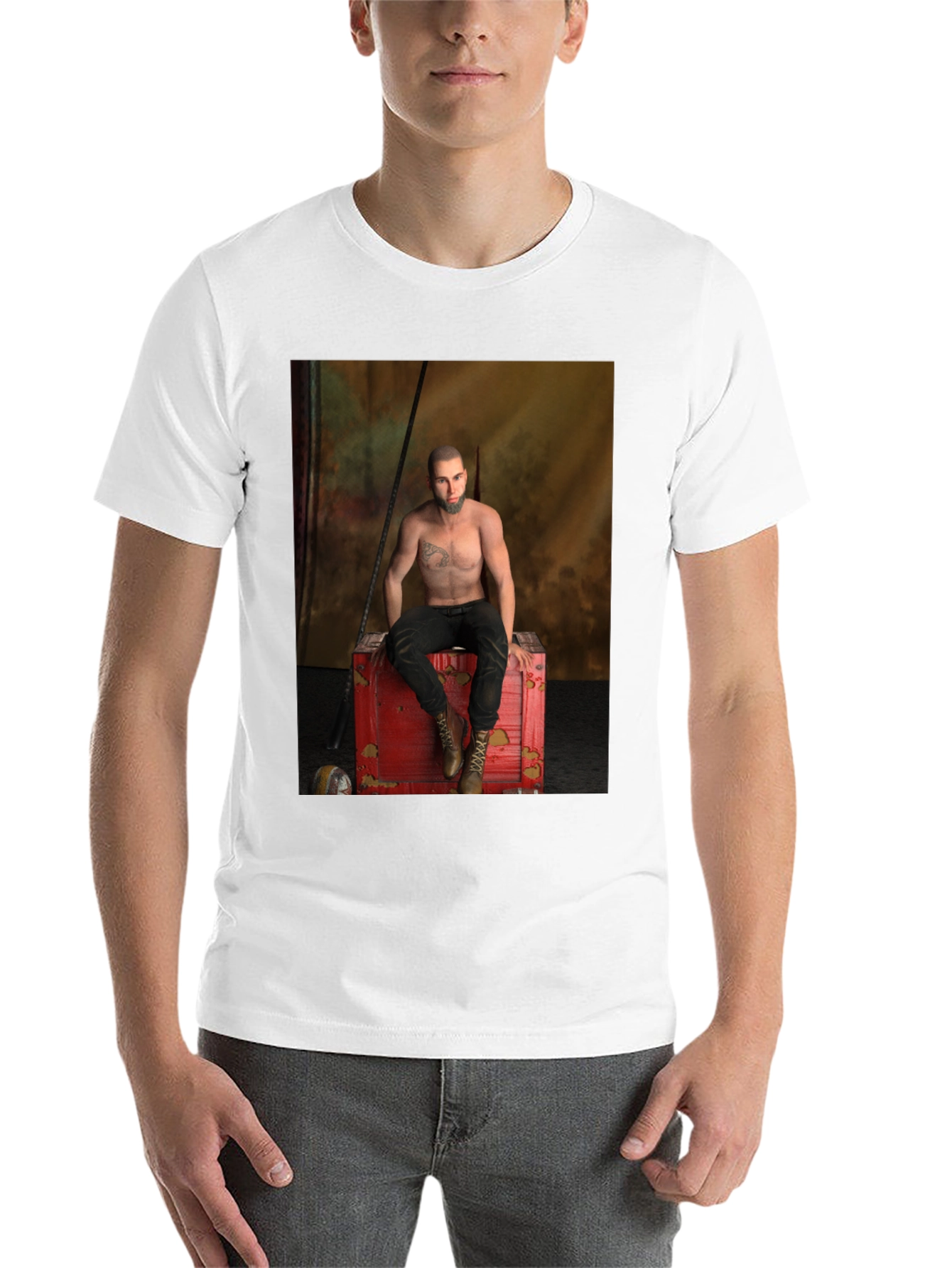 Black Men's Black Graphic T-Shirt - Tattoo Chest Man on Red Box view 14