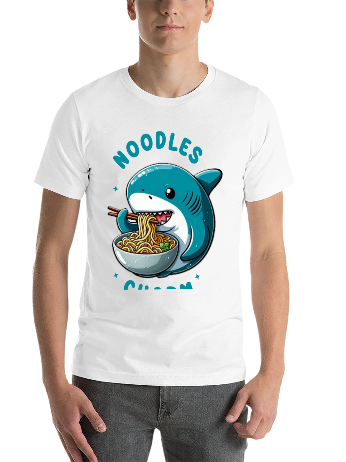 Black Noodles Shark T-Shirt - Cartoon Animal Ramen Tee view 14