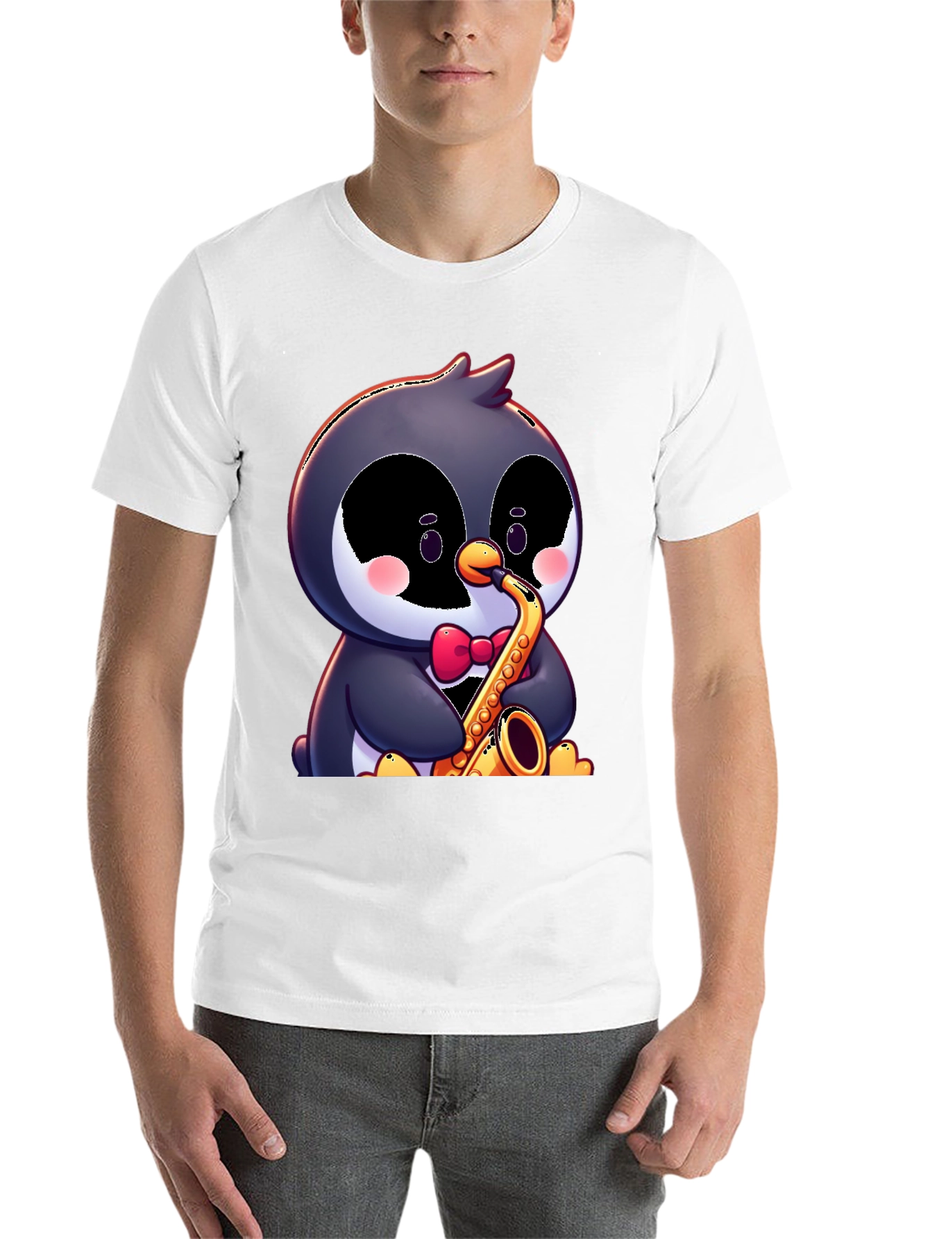 Black Penguin Saxophone T-Shirt - Fun Cartoon Design view 14