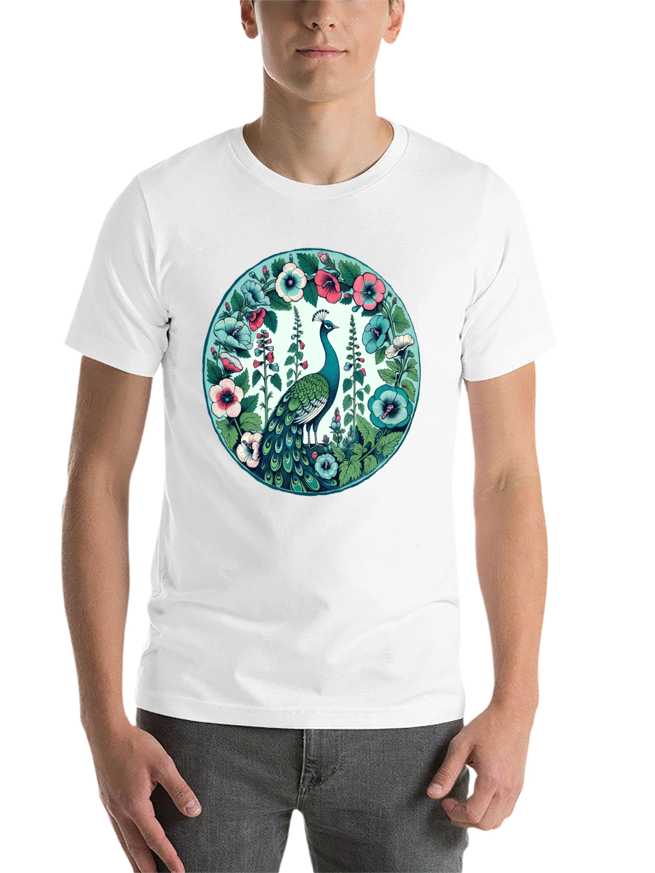Black Peacock Floral Graphic Tee - Black Cotton T-Shirt view 14