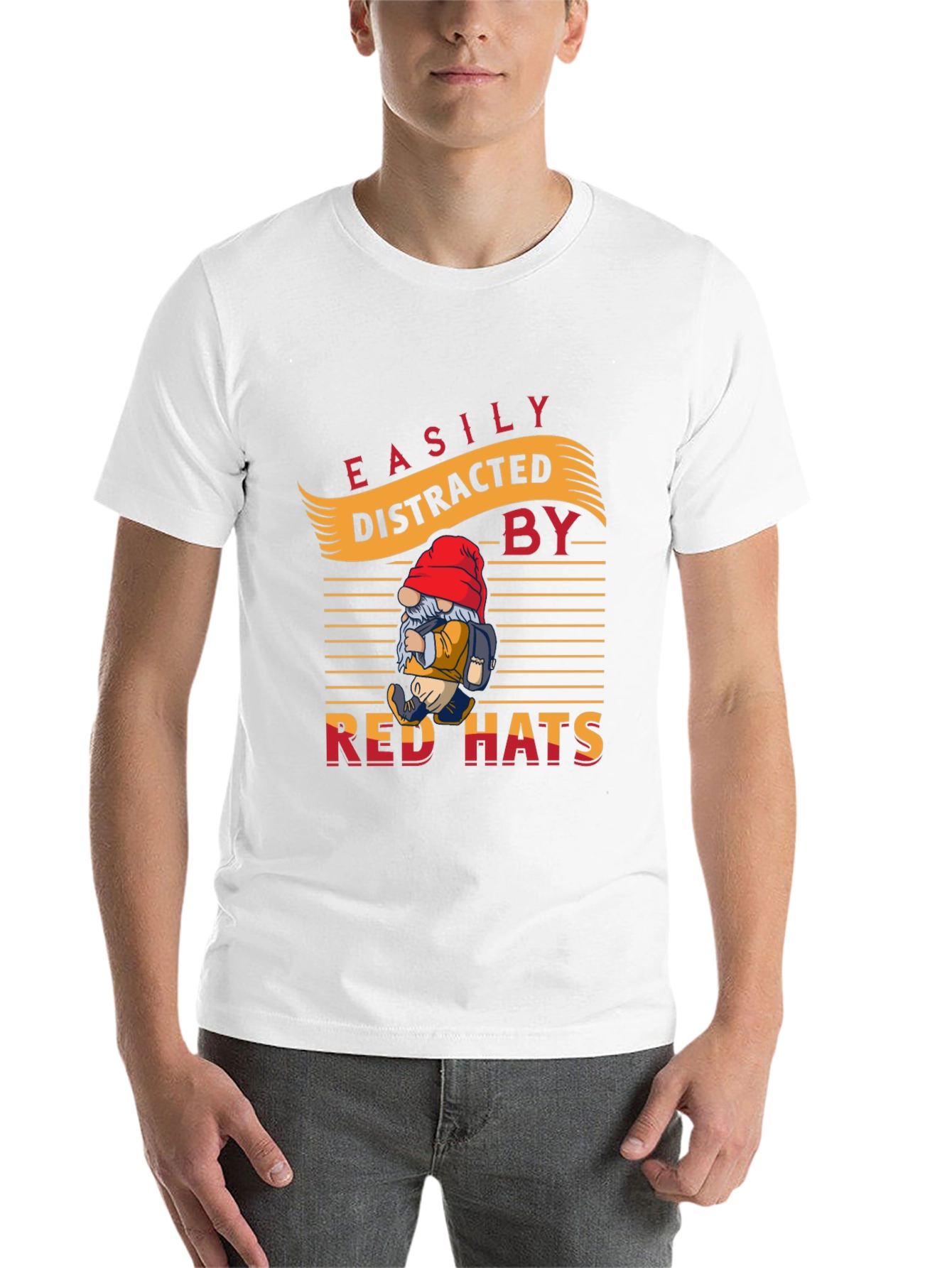Black Easily Distracted by Red Hats T-Shirt - Novelty Gnome Design view 14