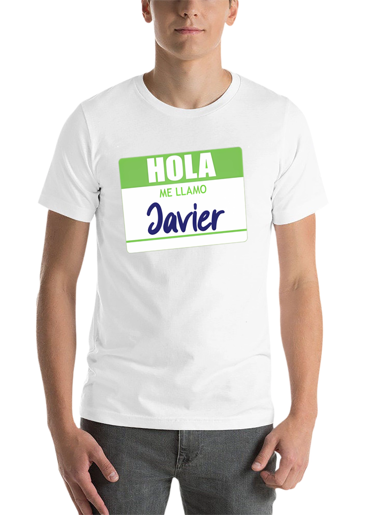 Black Hola Me Llamo Javier T-Shirt - Spanish Name Tag Tee view 14