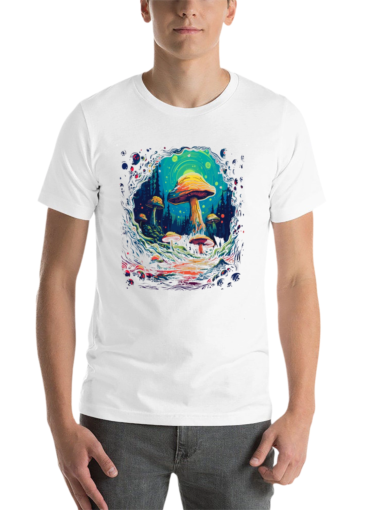 Black Psychedelic Mushroom Forest Graphic T-Shirt view 14