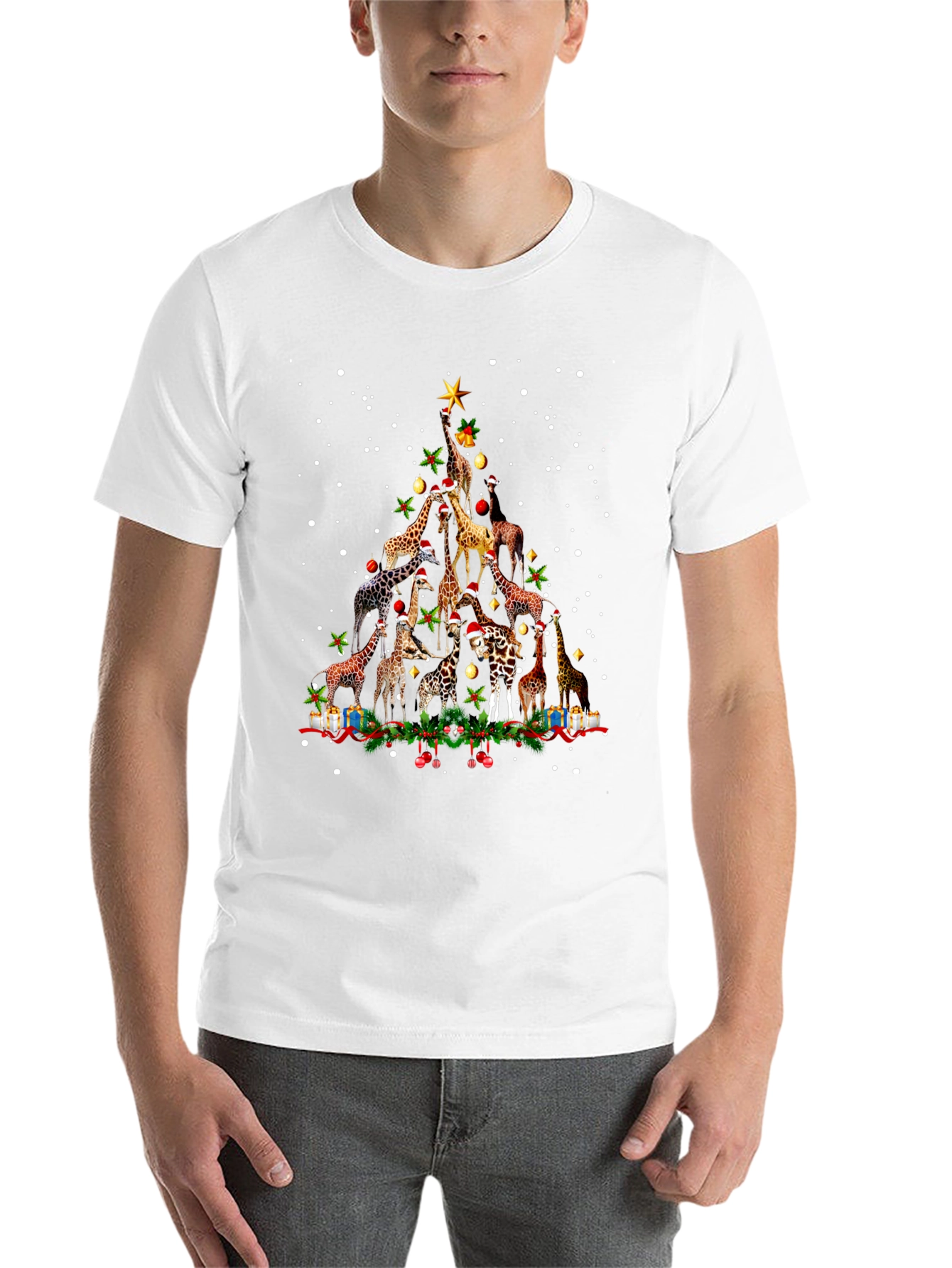 Black Giraffe Christmas Tree Crew Neck T-Shirt view 14
