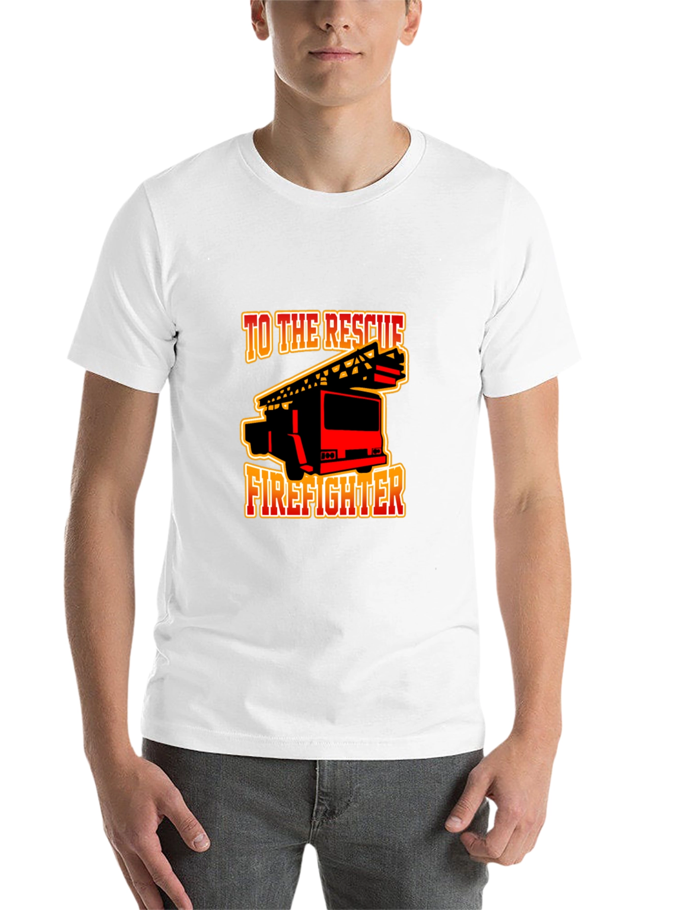 Black Firefighter Rescue Truck Graphic Tee - Black Cotton T-Shirt view 14