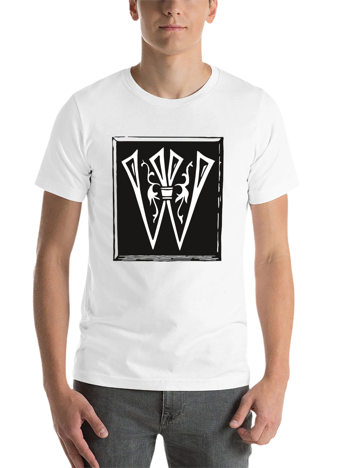 Black Graphic Tee: White Letter W Design on Black Shirt view 14