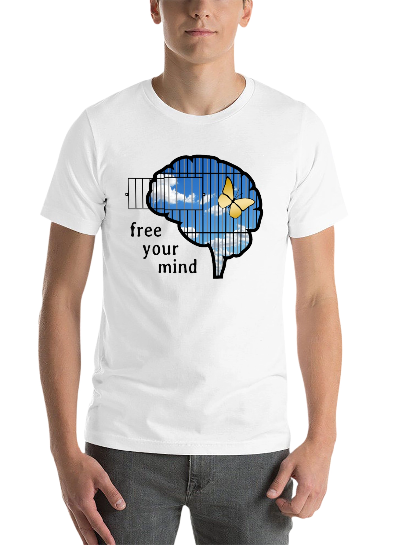 Black Free Your Mind T-Shirt: Brain Cage & Butterfly Graphic Tee view 14