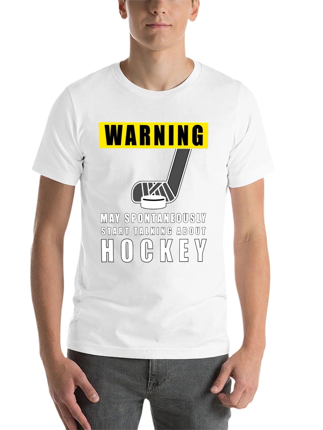 Black Warning Hockey T-Shirt - May Spontaneously Talk About Hockey view 14