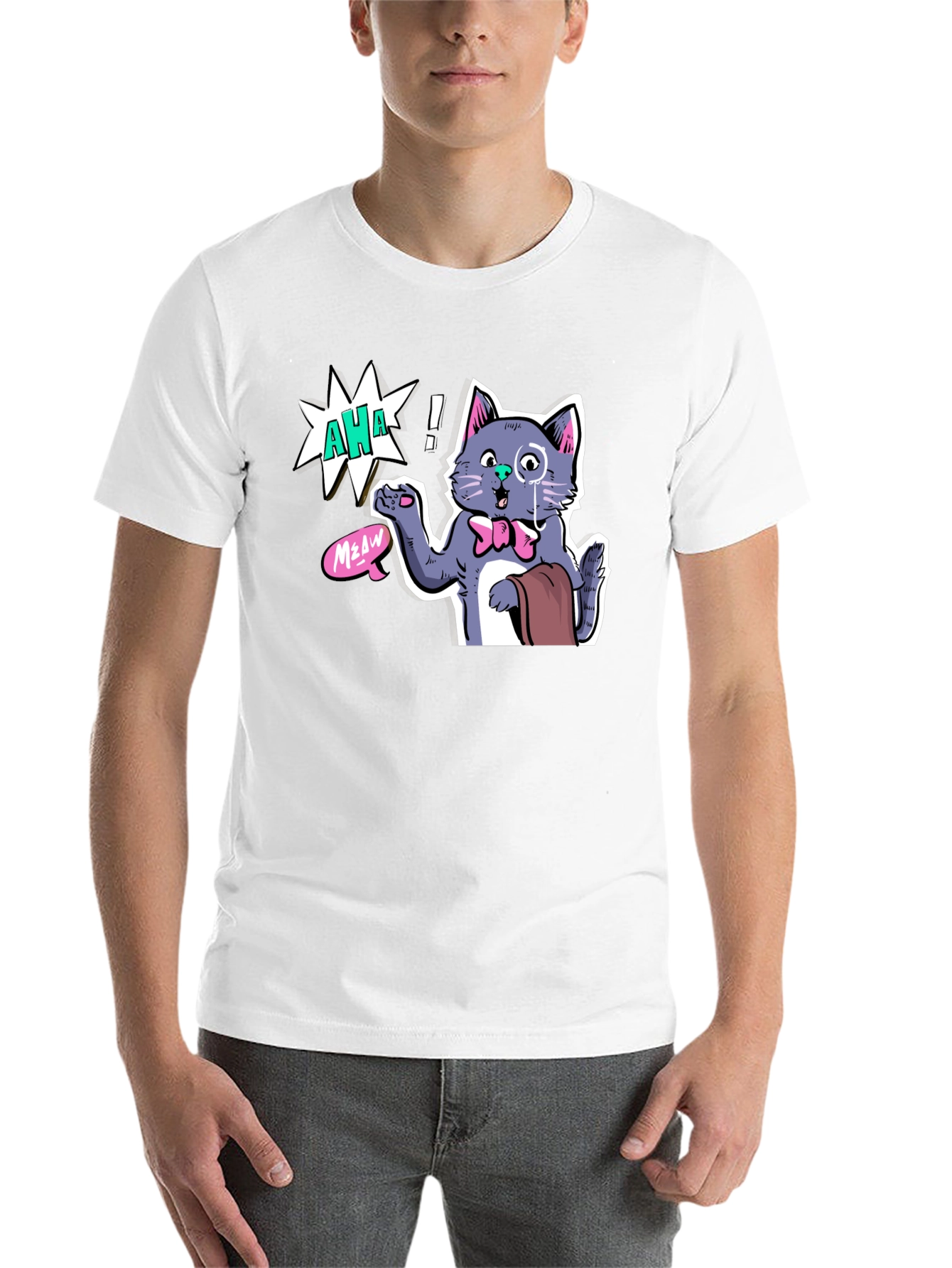 Black AHA! Monocled Cat Tee - Quirky Cartoon Style view 14