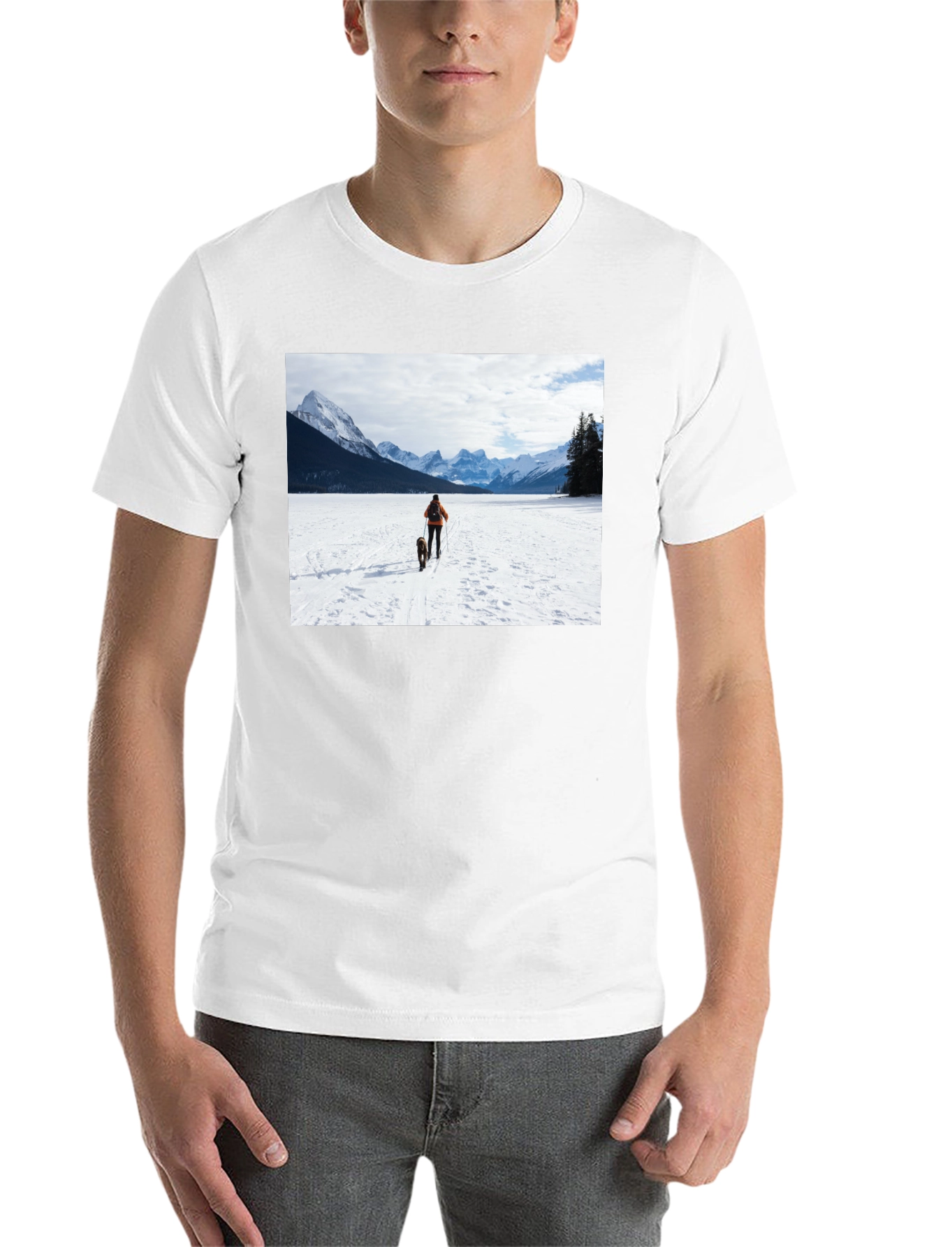 Black Winter Adventure T-Shirt: Skier & Dog Graphic Tee view 14