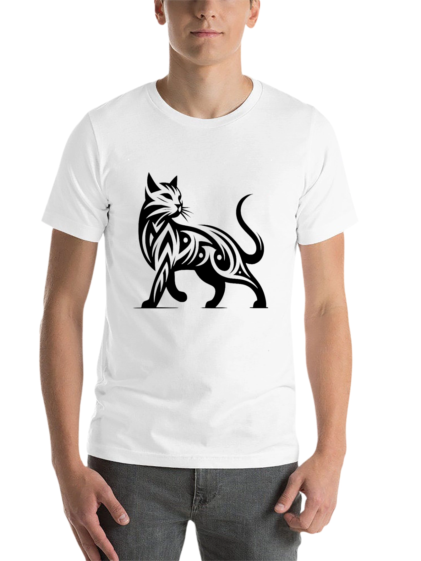 Black Tribal Cat Graphic Print T-Shirt view 14