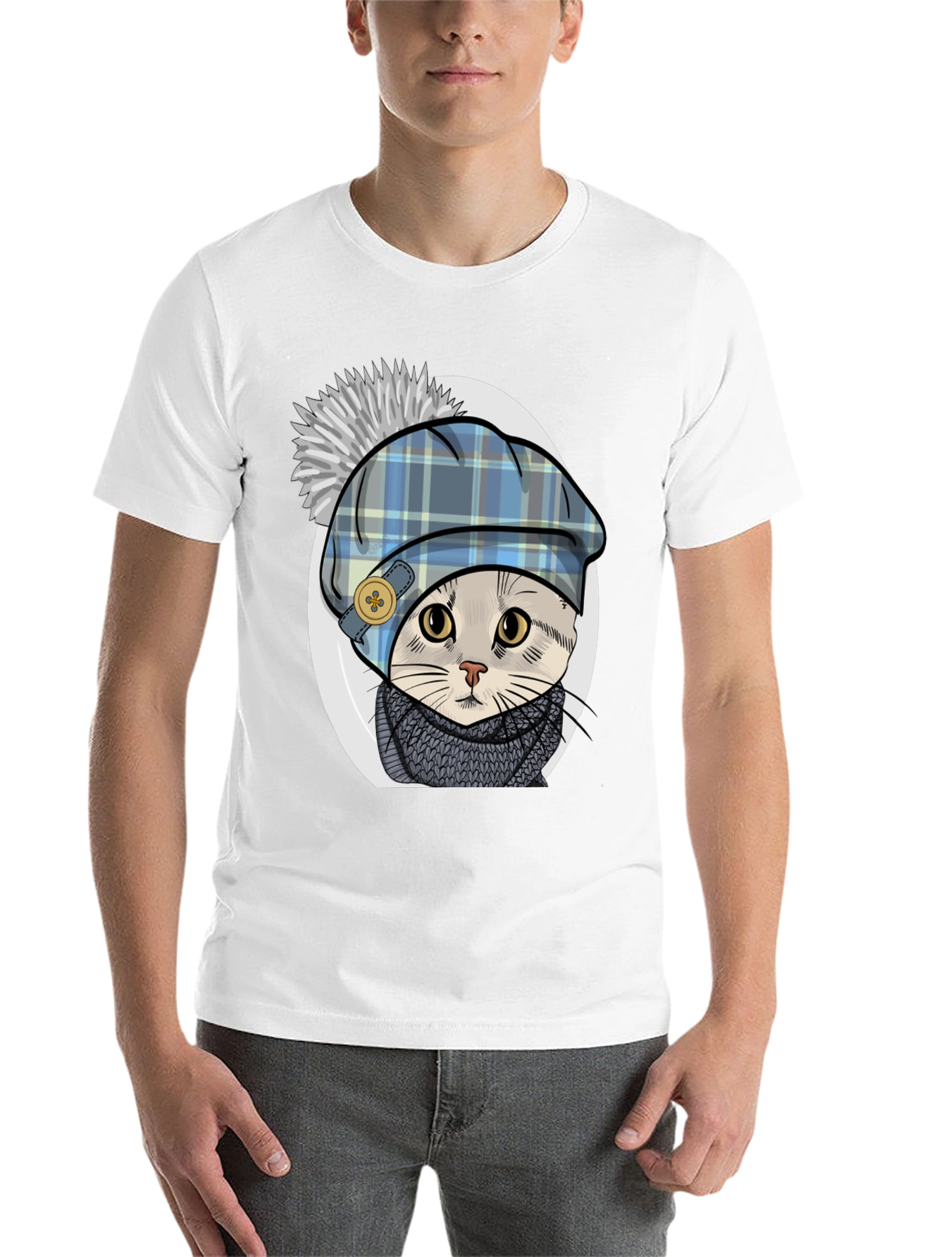 Black Cat in Tartan Hat T-Shirt - Whimsical Comfort view 14