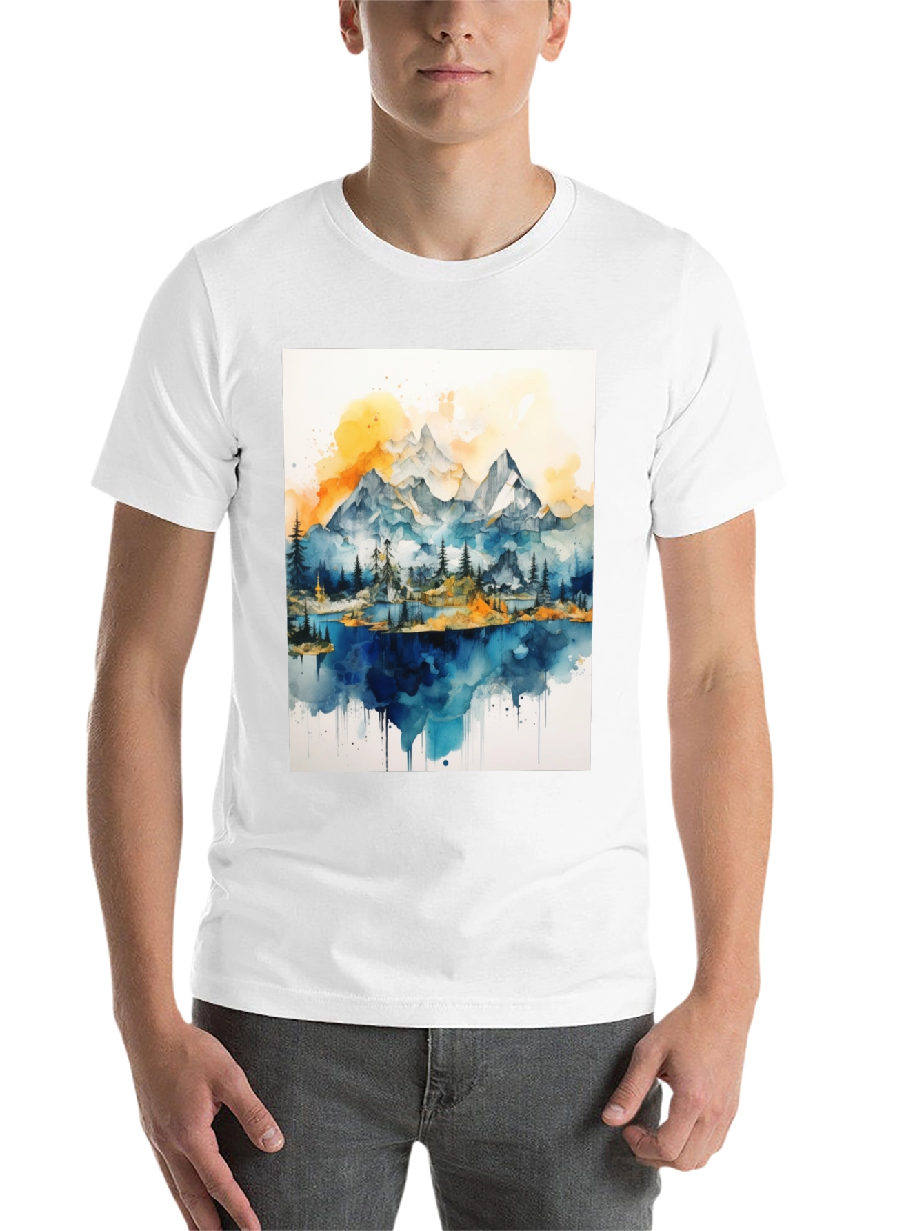 Black Watercolor Mountain Lake Graphic Tee view 14