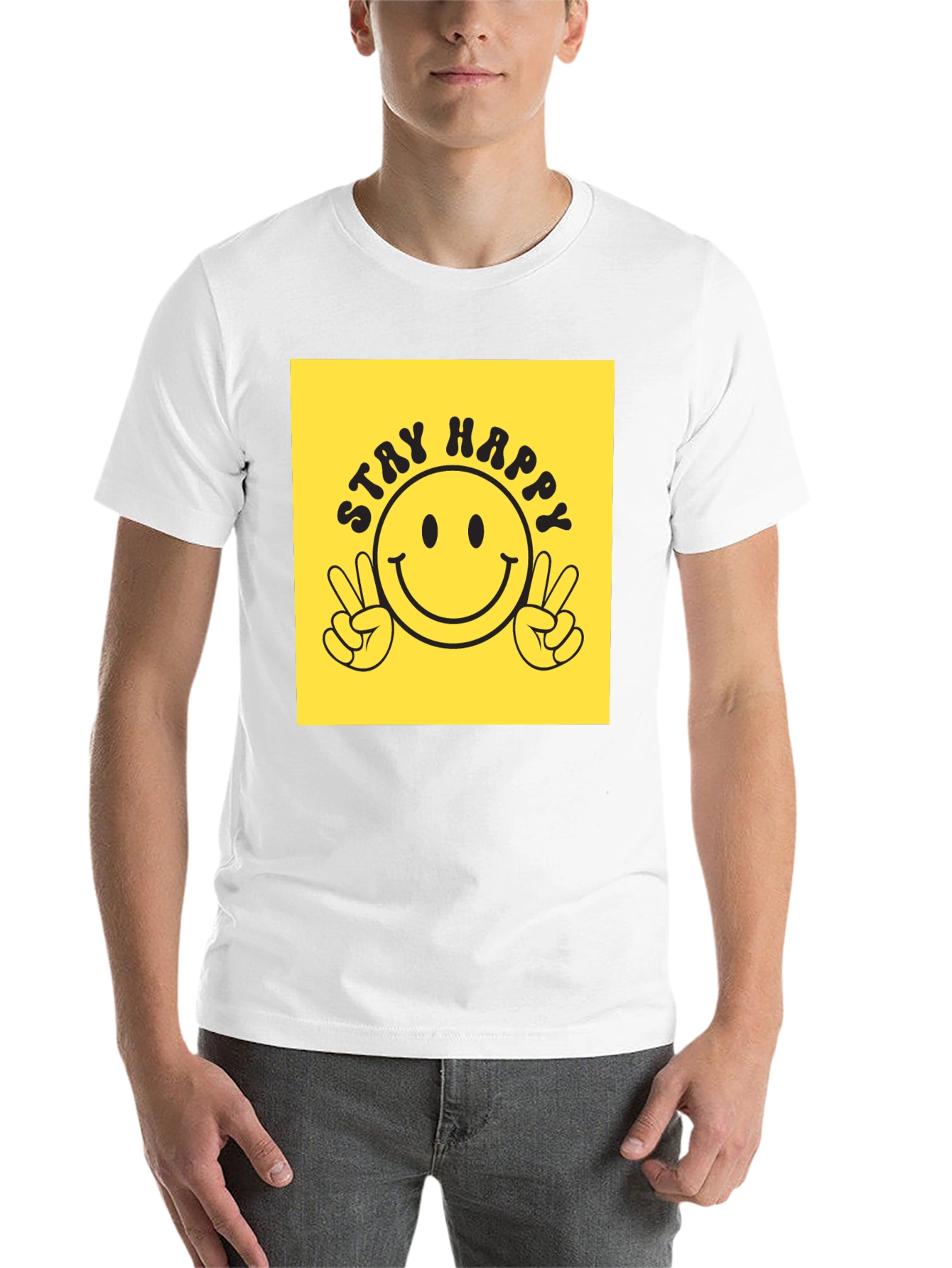 Black Stay Happy Graphic Tee - Retro Smiley Face T-Shirt view 14