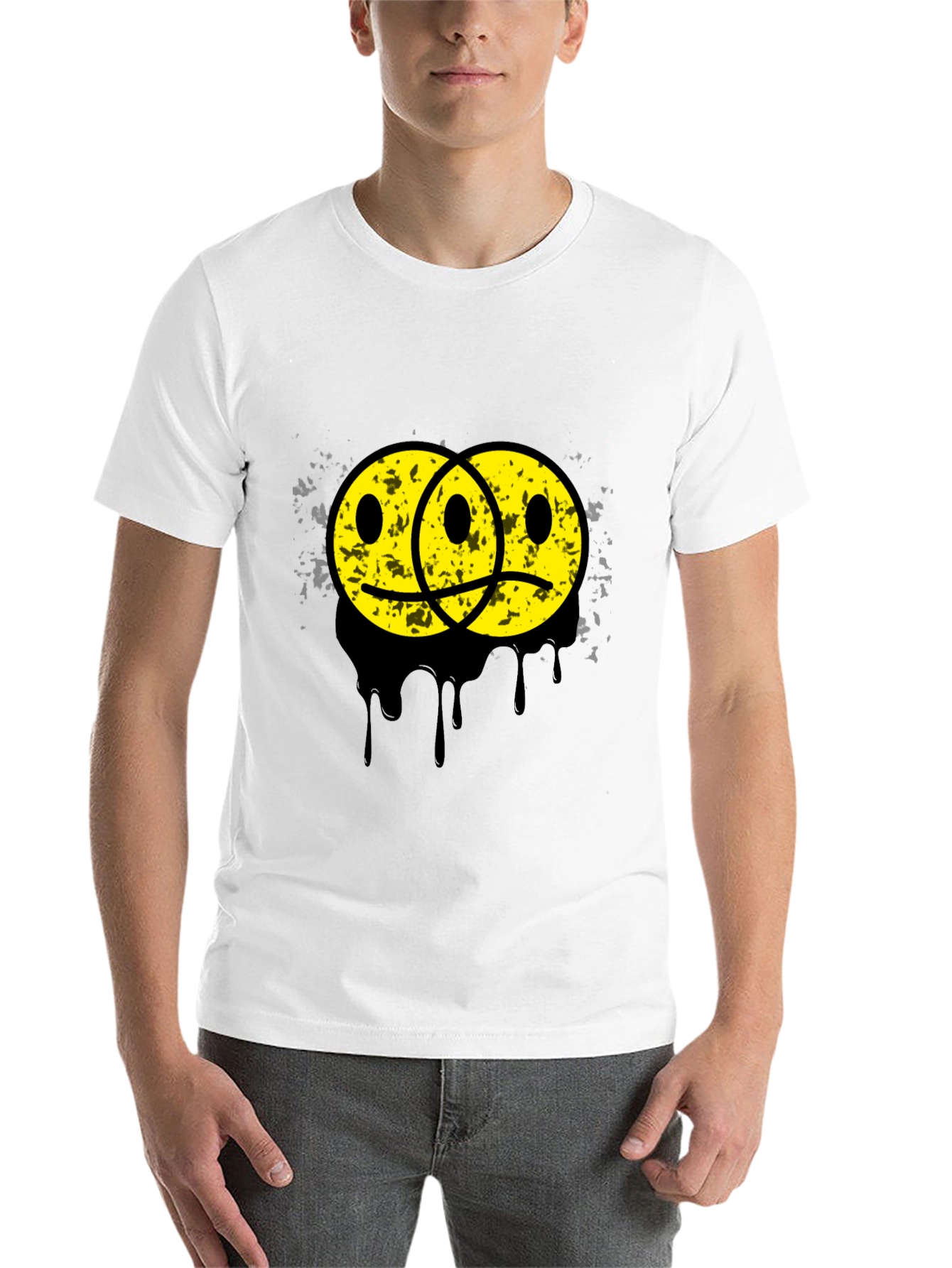 Black Sad Happy Face Graphic Tee - Unisex Black T-Shirt view 14