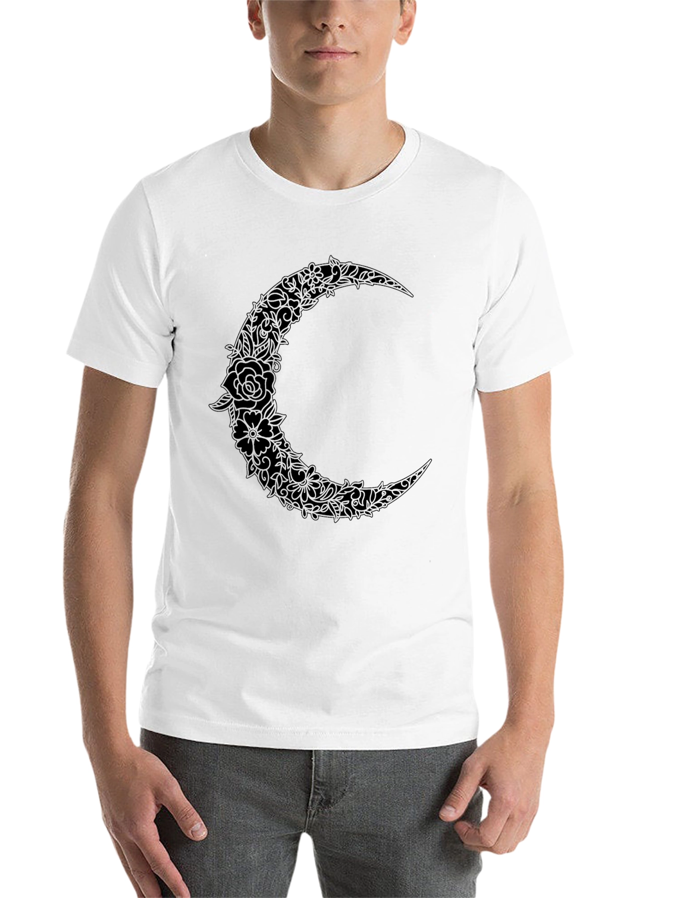 Black Floral Crescent Moon Graphic Black T-Shirt view 14