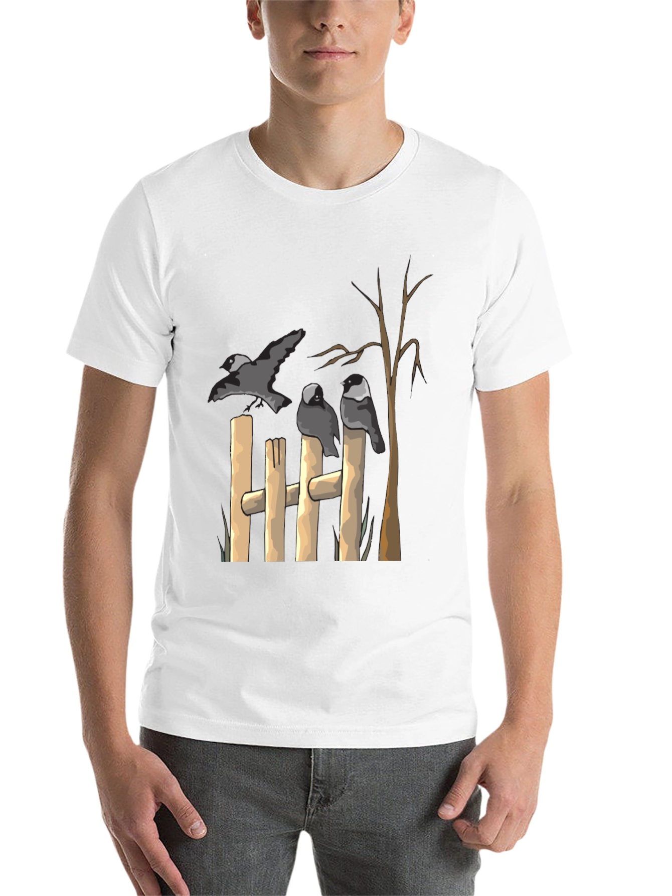Black Birds on Fence Graphic Black T-Shirt view 14