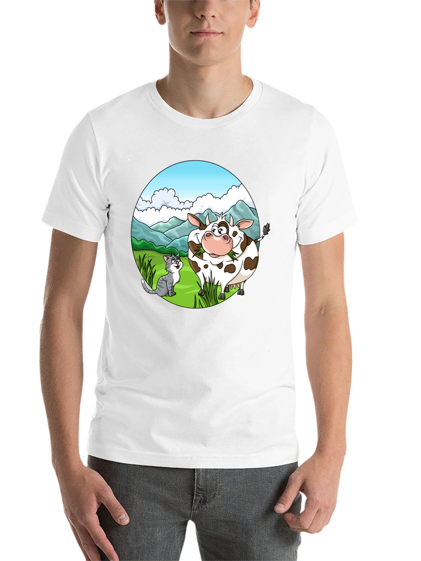 Black Cartoon Cow and Cat Graphic Black T-Shirt view 14