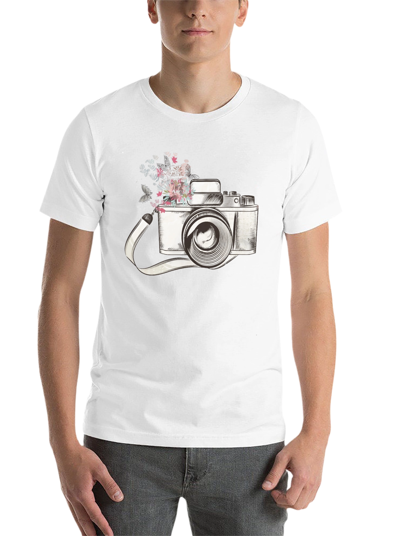 Black Floral Camera Graphic Tee - Trendy Unisex T-Shirt view 14