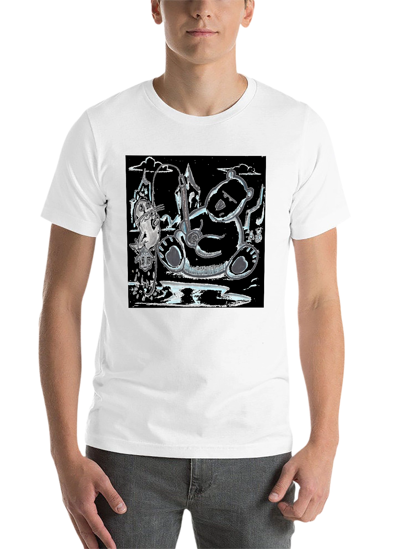 Black Unique Graphic Tee: Bear, Seal, and Musical Notes Art view 14