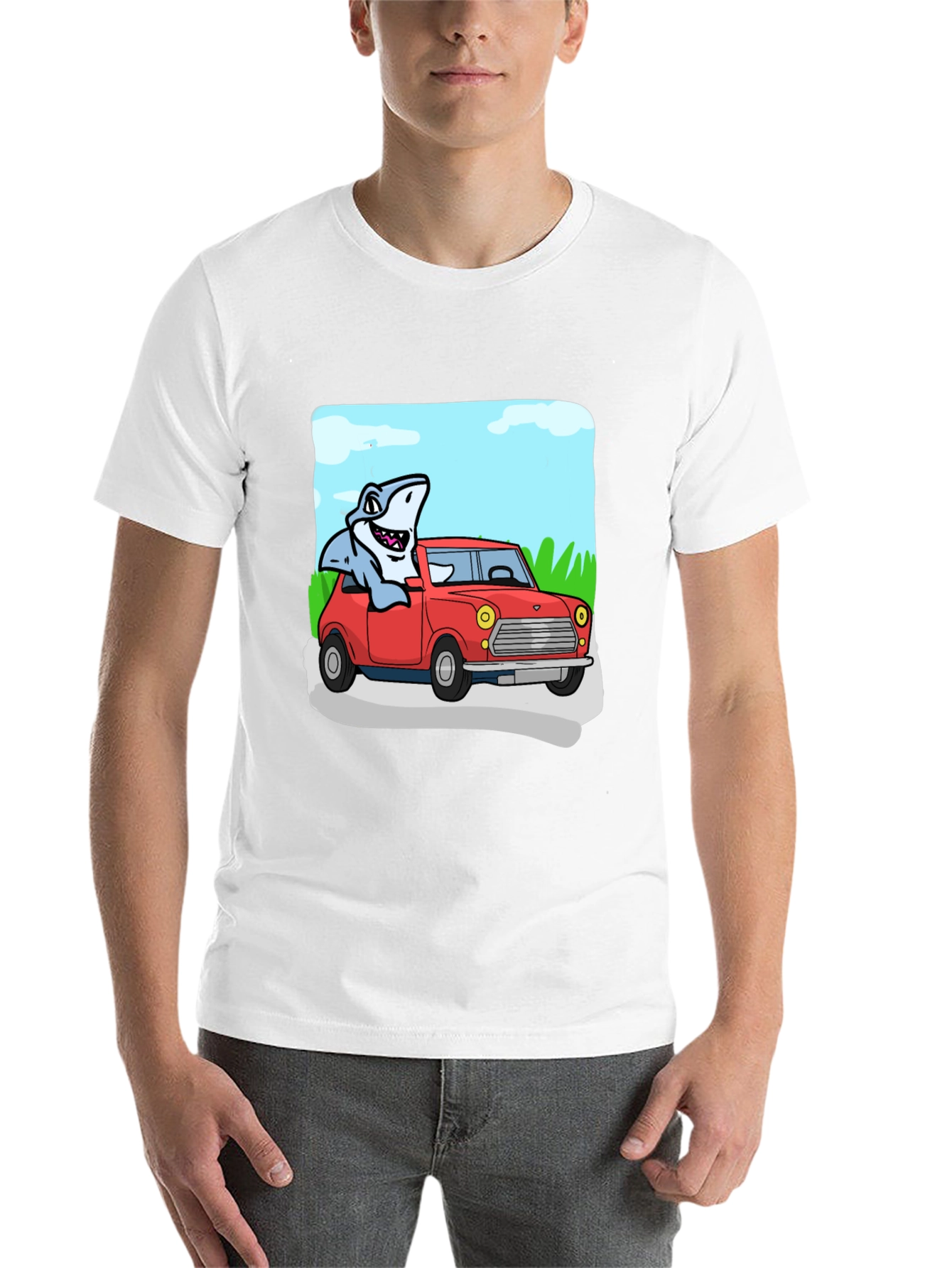 Black Shark in Car Graphic Tee - Unique Cartoon T-Shirt view 14