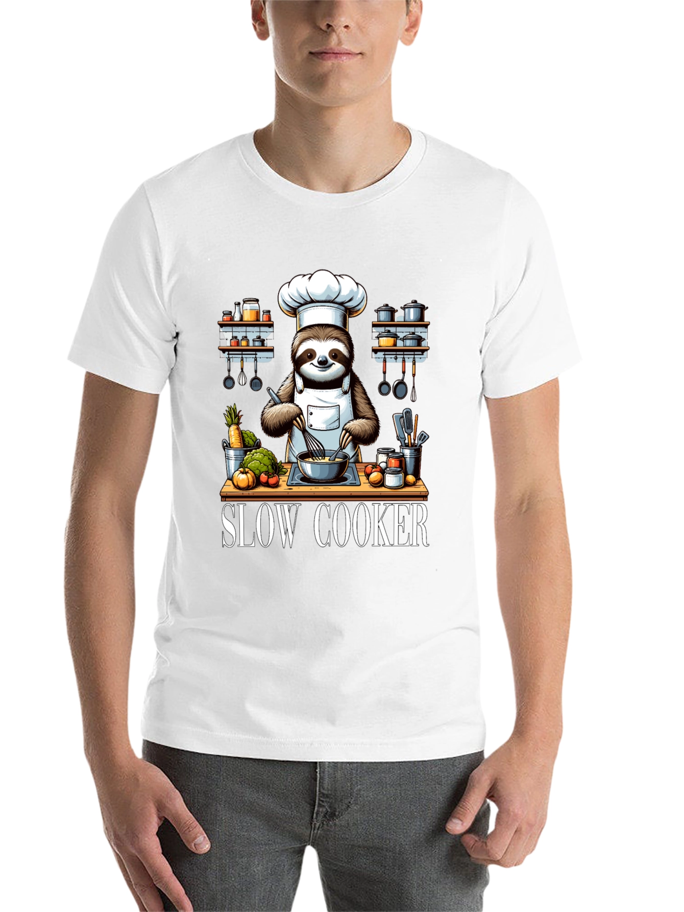 Black Sloth Chef T-Shirt - Slow Cooker Design view 14
