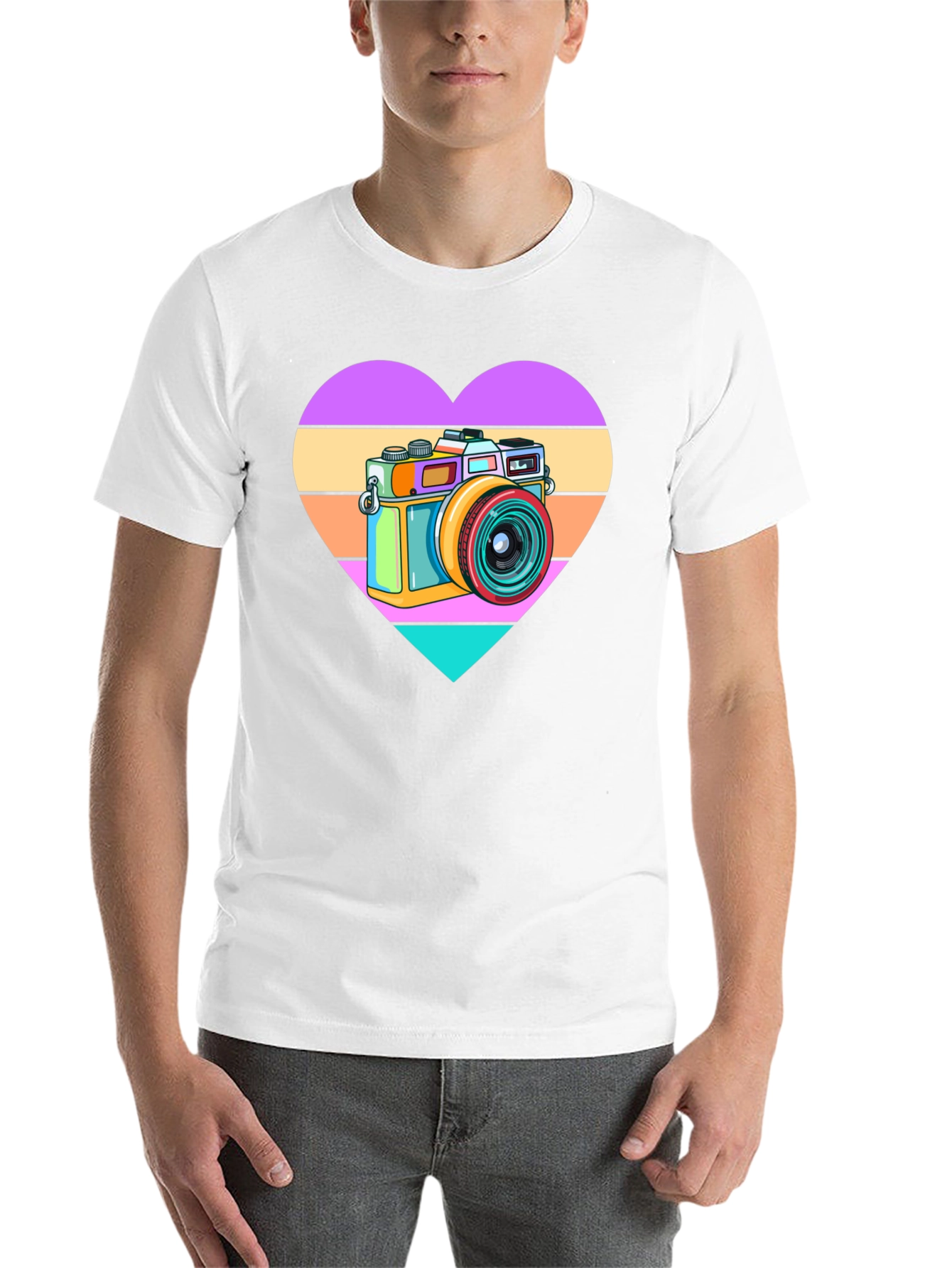 Black Retro Camera Heart Graphic Tee - Black Cotton T-Shirt view 14