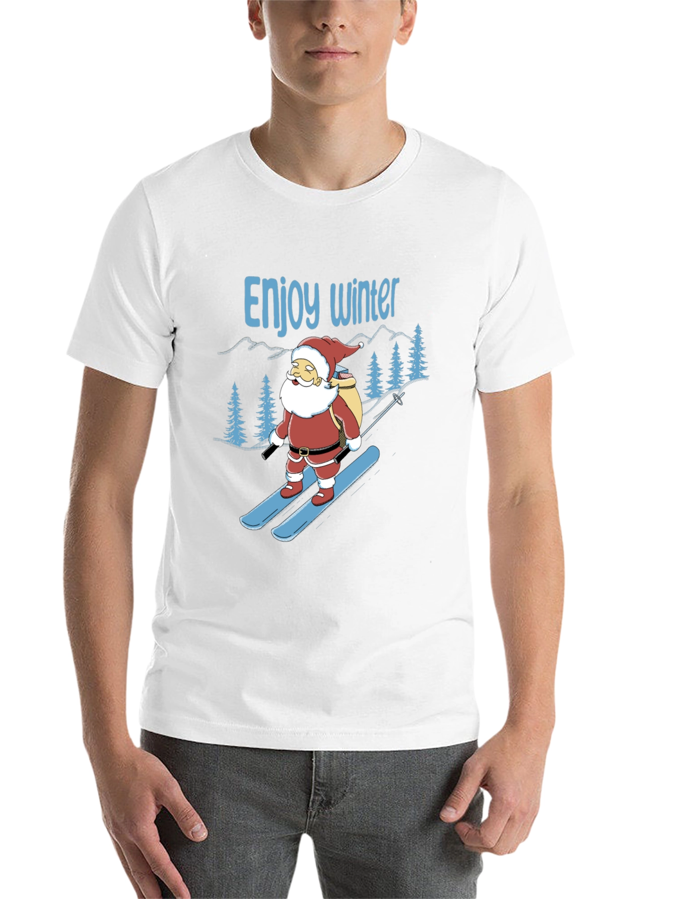 Black Enjoy Winter Santa Skiing Graphic Tee view 14
