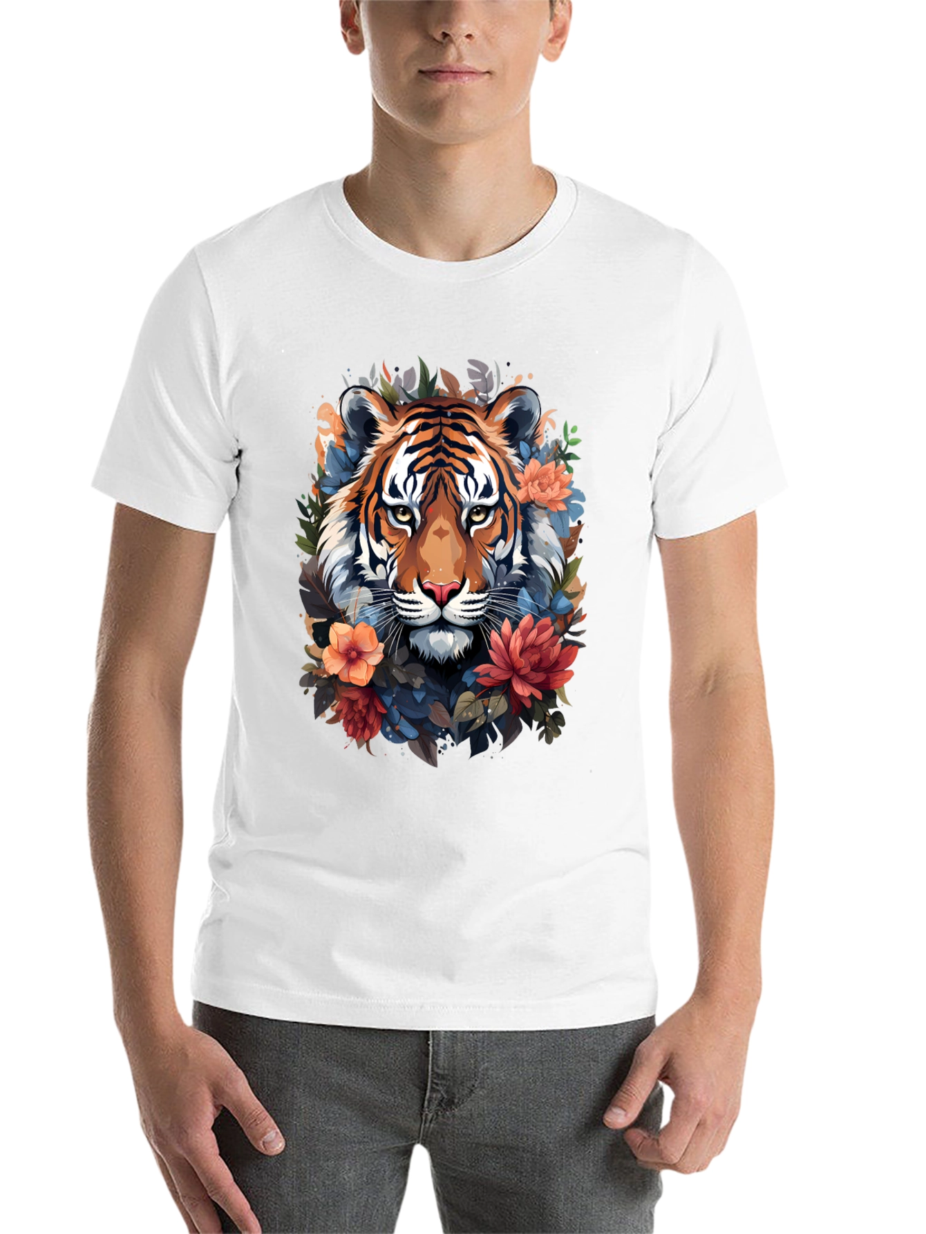 Black Floral Tiger Graphic Tee - Stylish Men's Black T-Shirt view 14