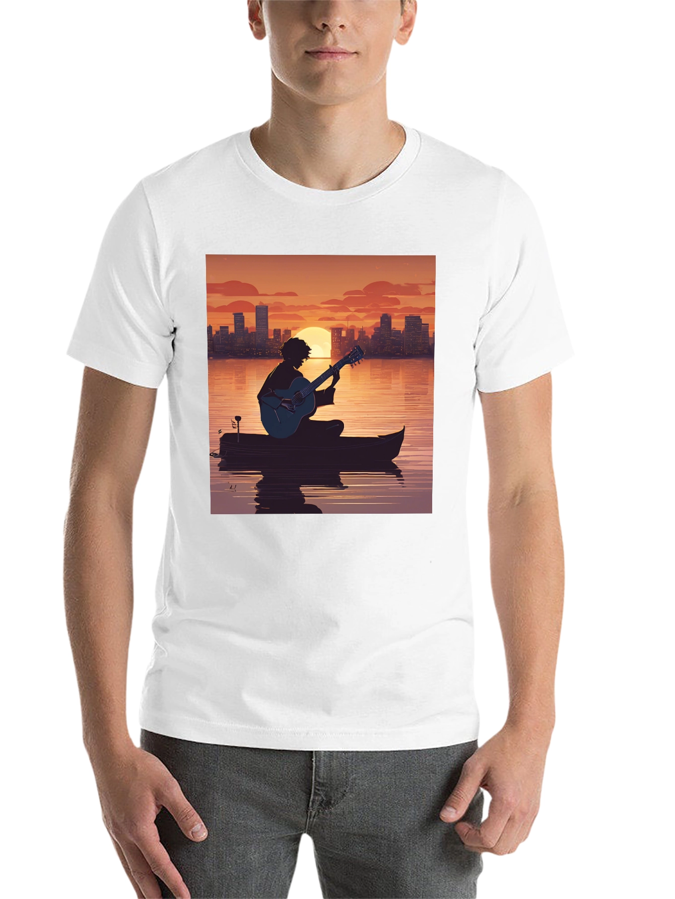 Black Sunset Guitarist T-Shirt - City Skyline Silhouette view 14