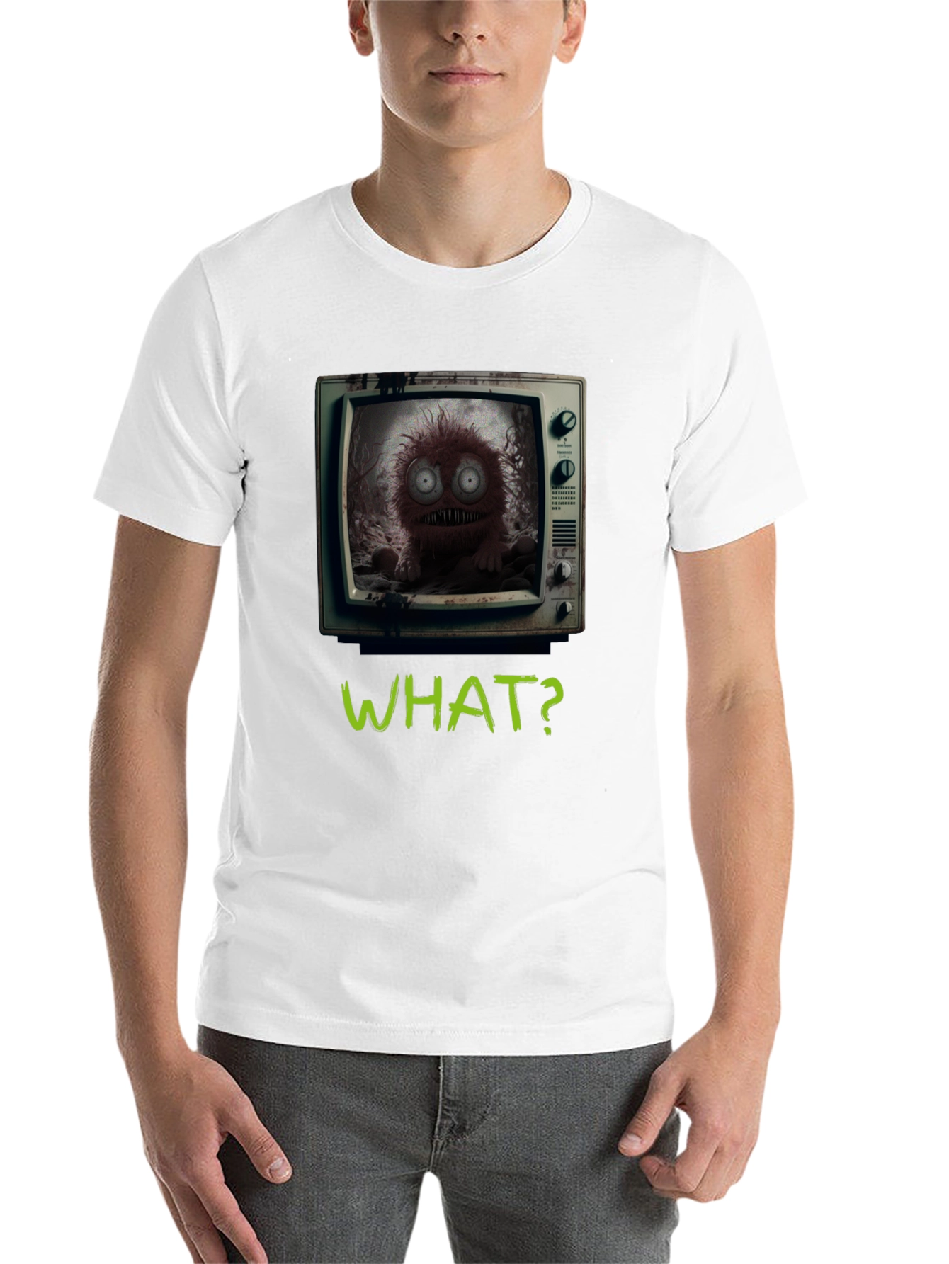 Black What? Monster TV Graphic Tee - Creepy Novelty T-Shirt view 14