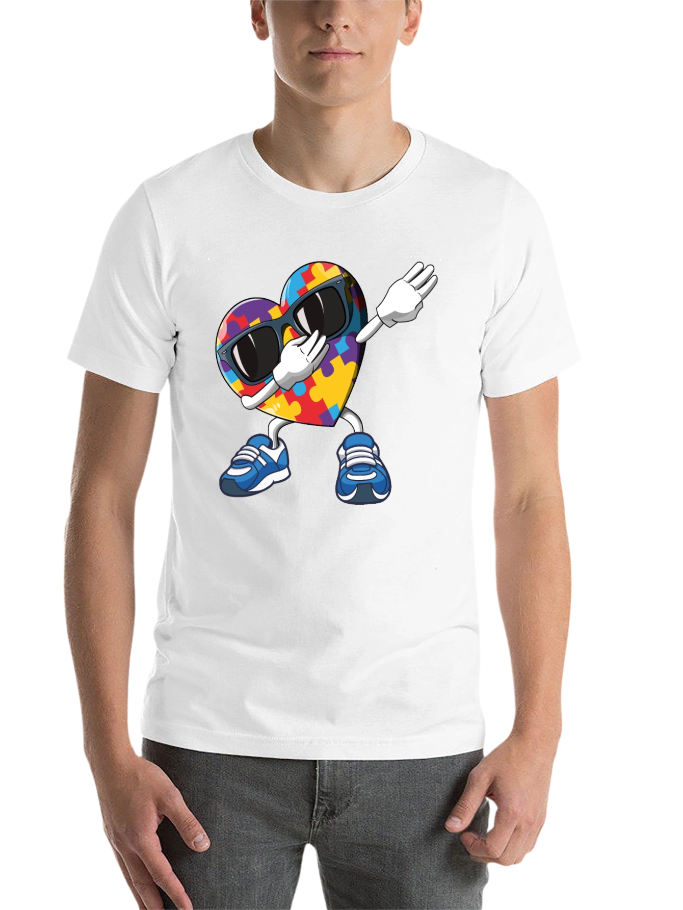 Black Autism Awareness Puzzle Heart Dabbing T-Shirt view 14